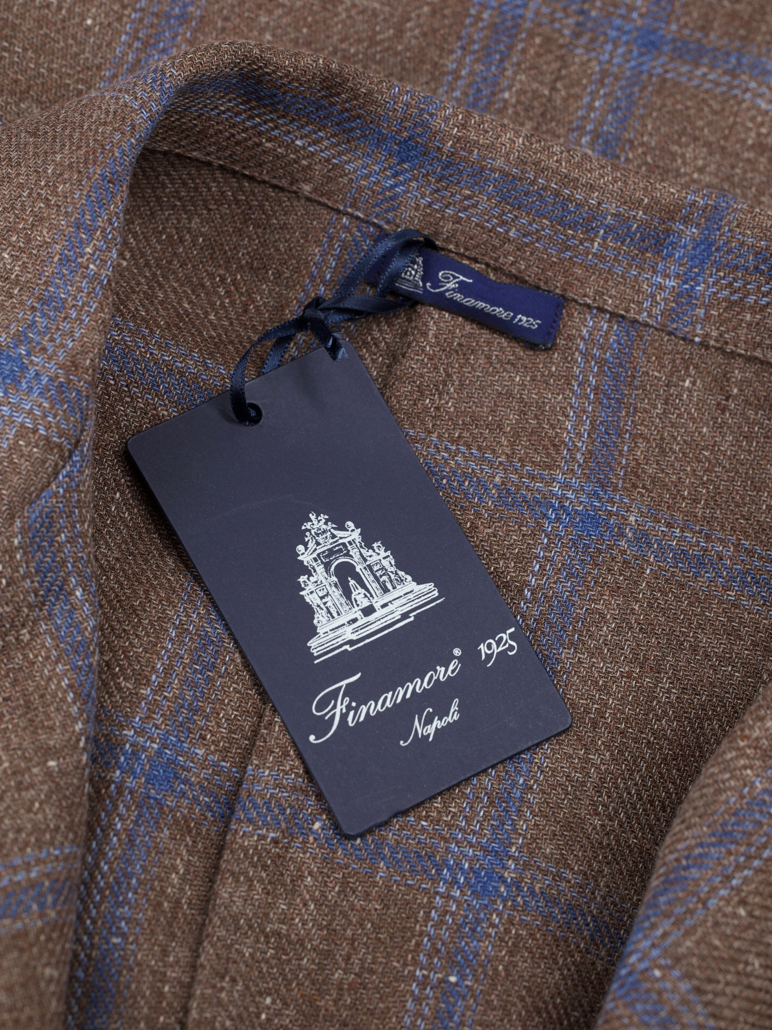 Finamore Brown & Blue Wool & Linen Checkered Shirt Jacket