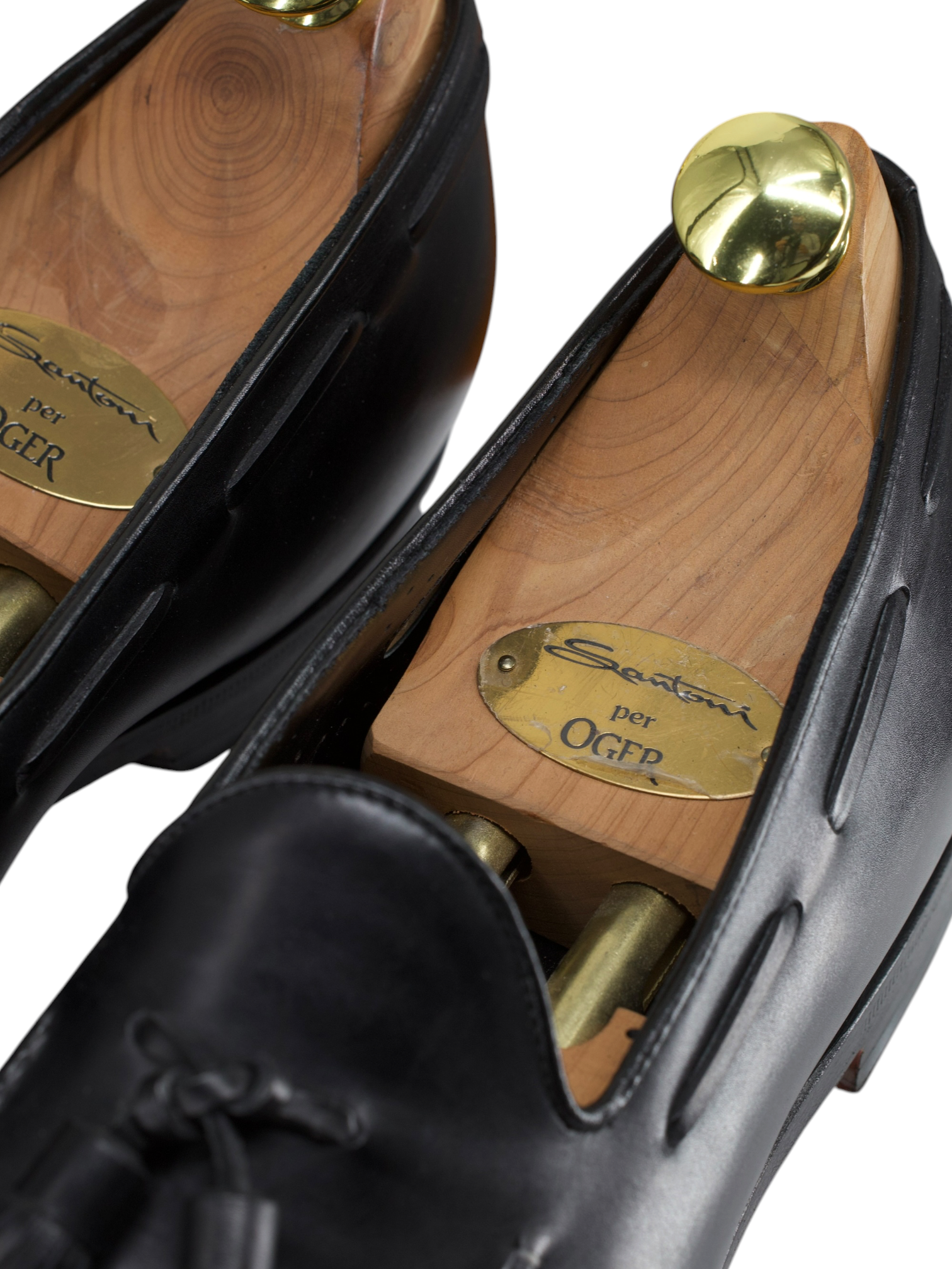 Santoni Black Calfleather Goodyear-Welted Tassel Loafers