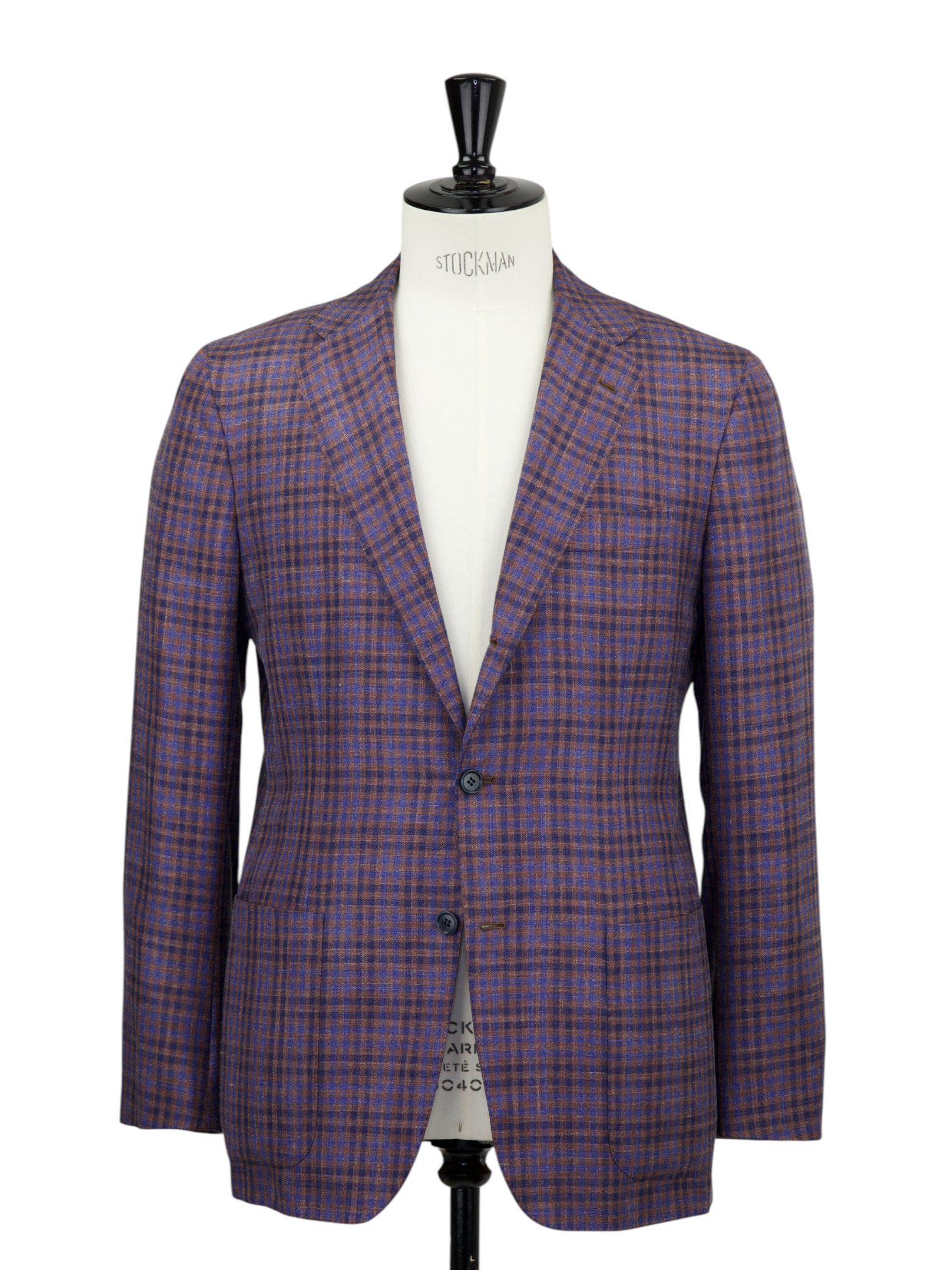 Kiton Light Brown & Azure Blue Cashmere, Silk & Linen Gingham Check Jacket