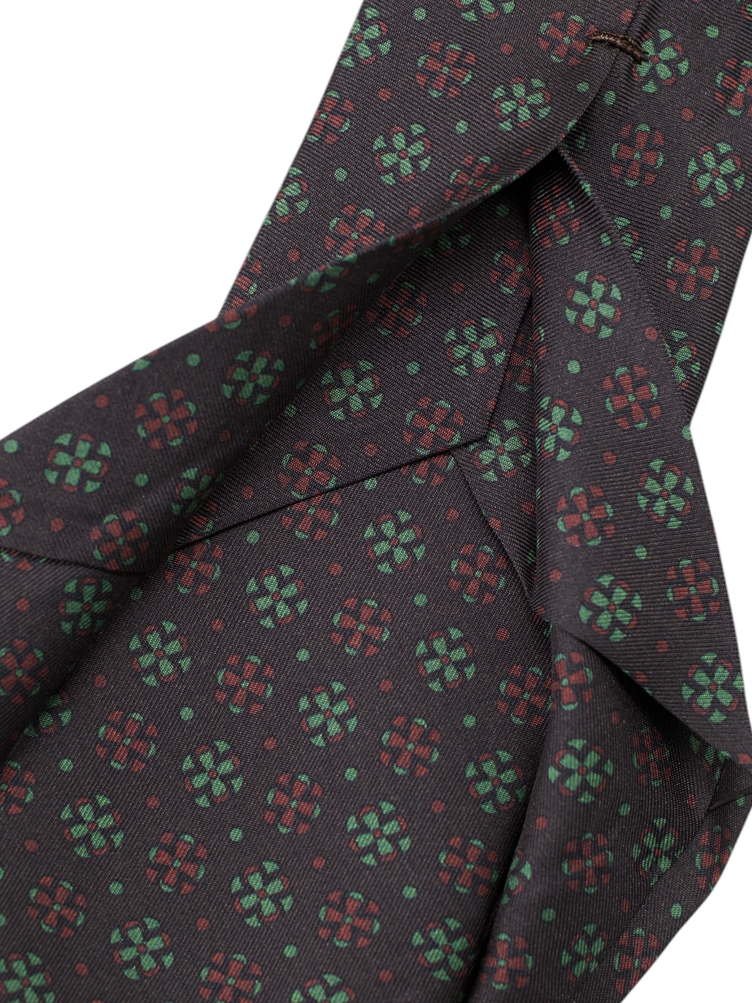 Kiton 5-Fold Dark Brown & Pistache Green Silk Geomteric Floral Tie