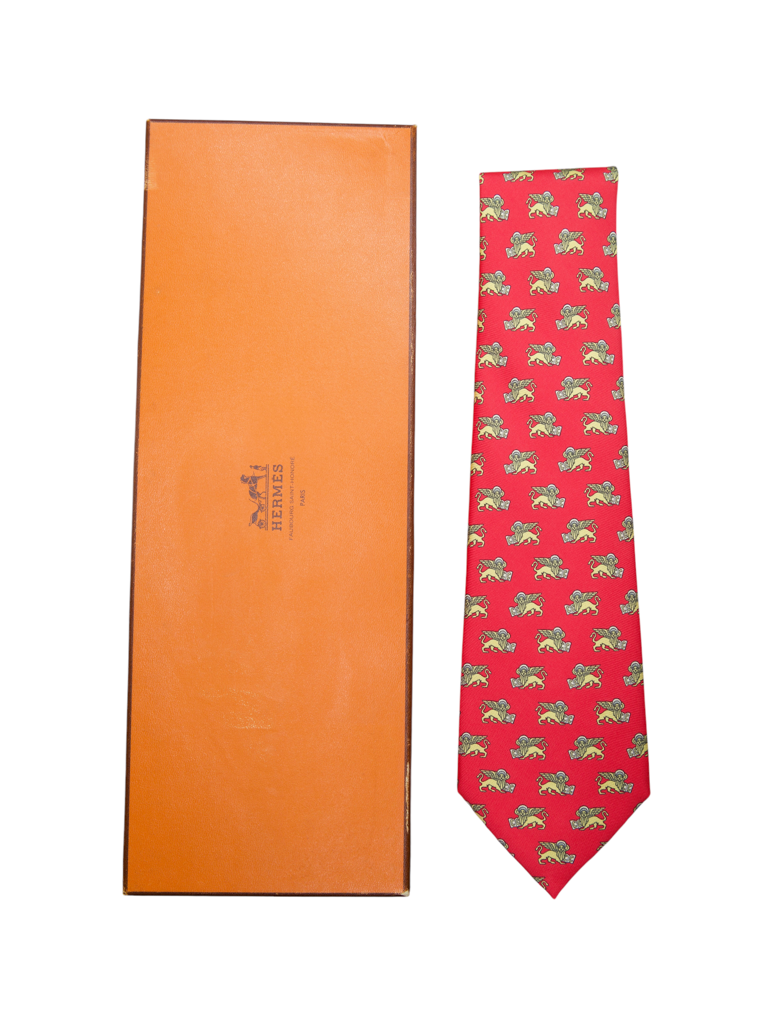 Hermès Red & Yellow "Lion of Saint Mark" Pattern Tie
