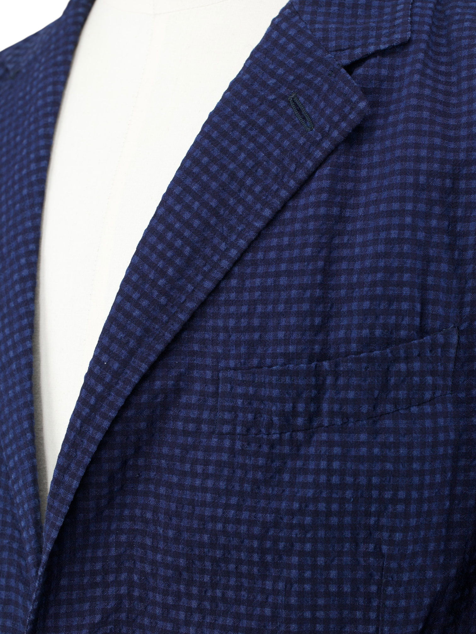 Ermenegildo Zegna Dark Blue Wool, Linen, Silk & Stretch Seersucker Gingham Jacket