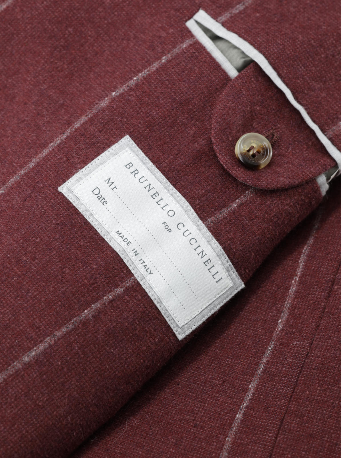 Brunello Cucinelli Dark Red Silk, Wool & Cashmere Double Breasted Chalkstripe Jacket