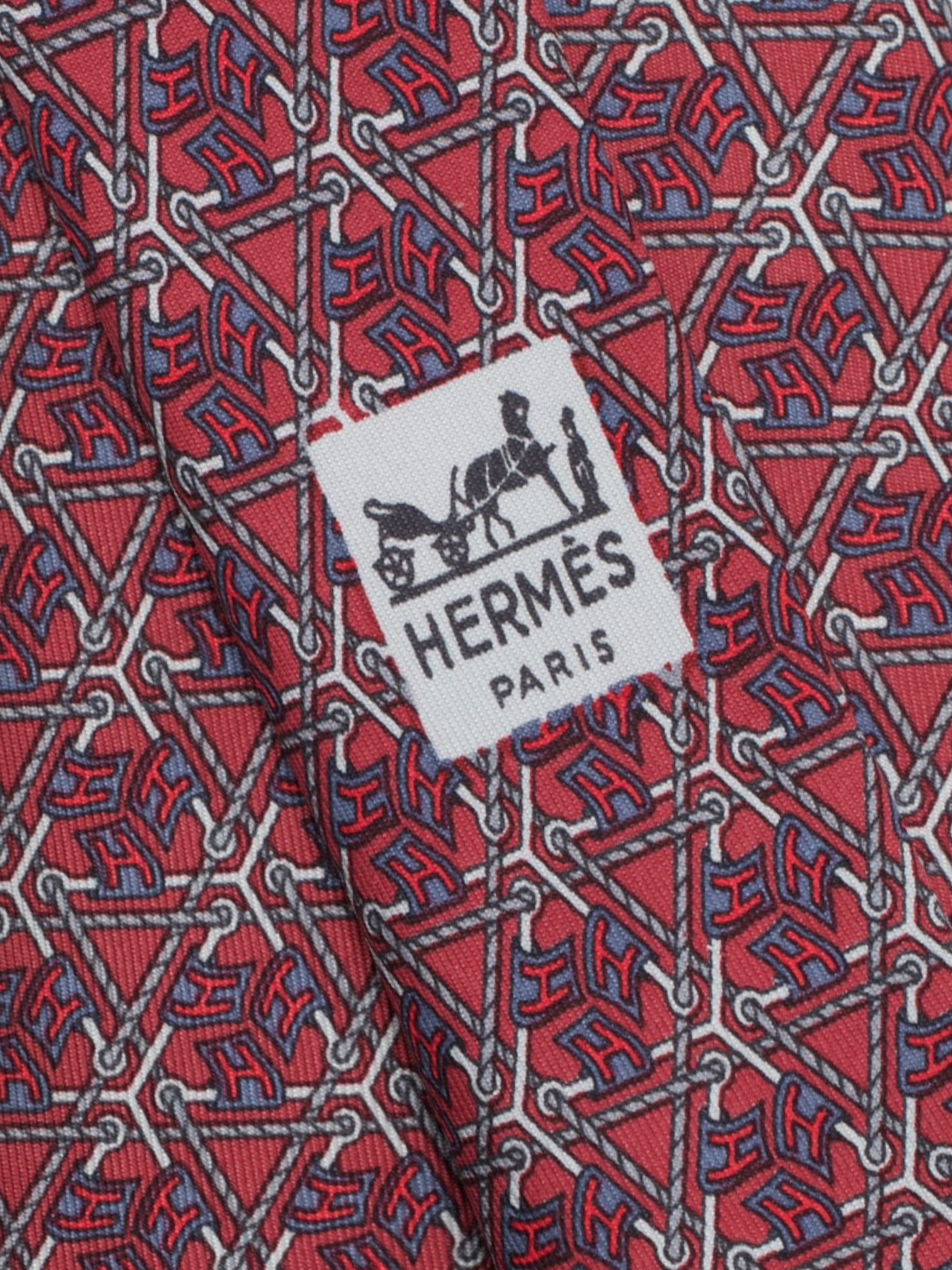 Hermès Blue & Red Silk "H" Chain Pattern Tie