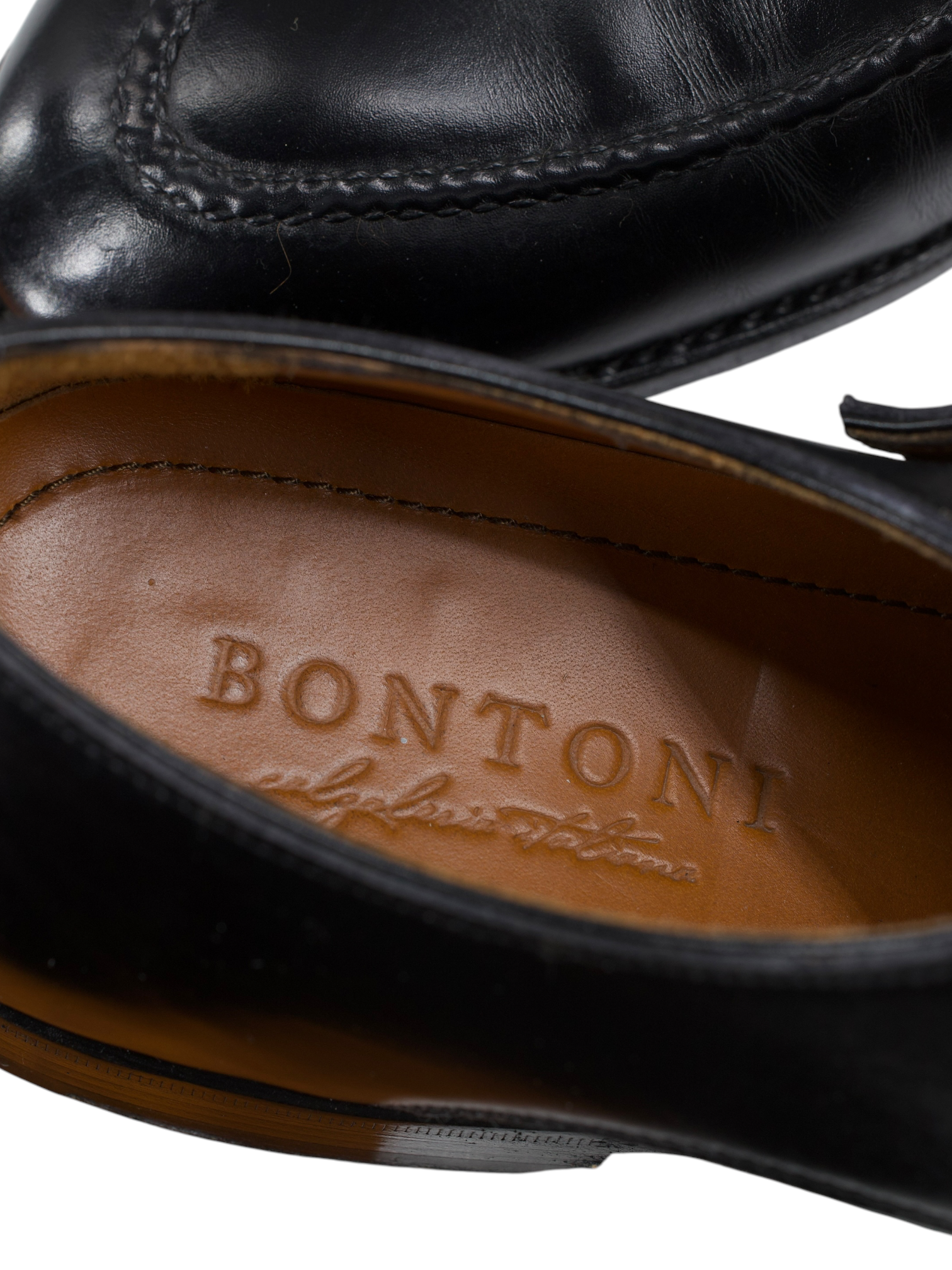 Bontoni Black Calfleather Diagonal-Curved "Diamante III" Double Monk
