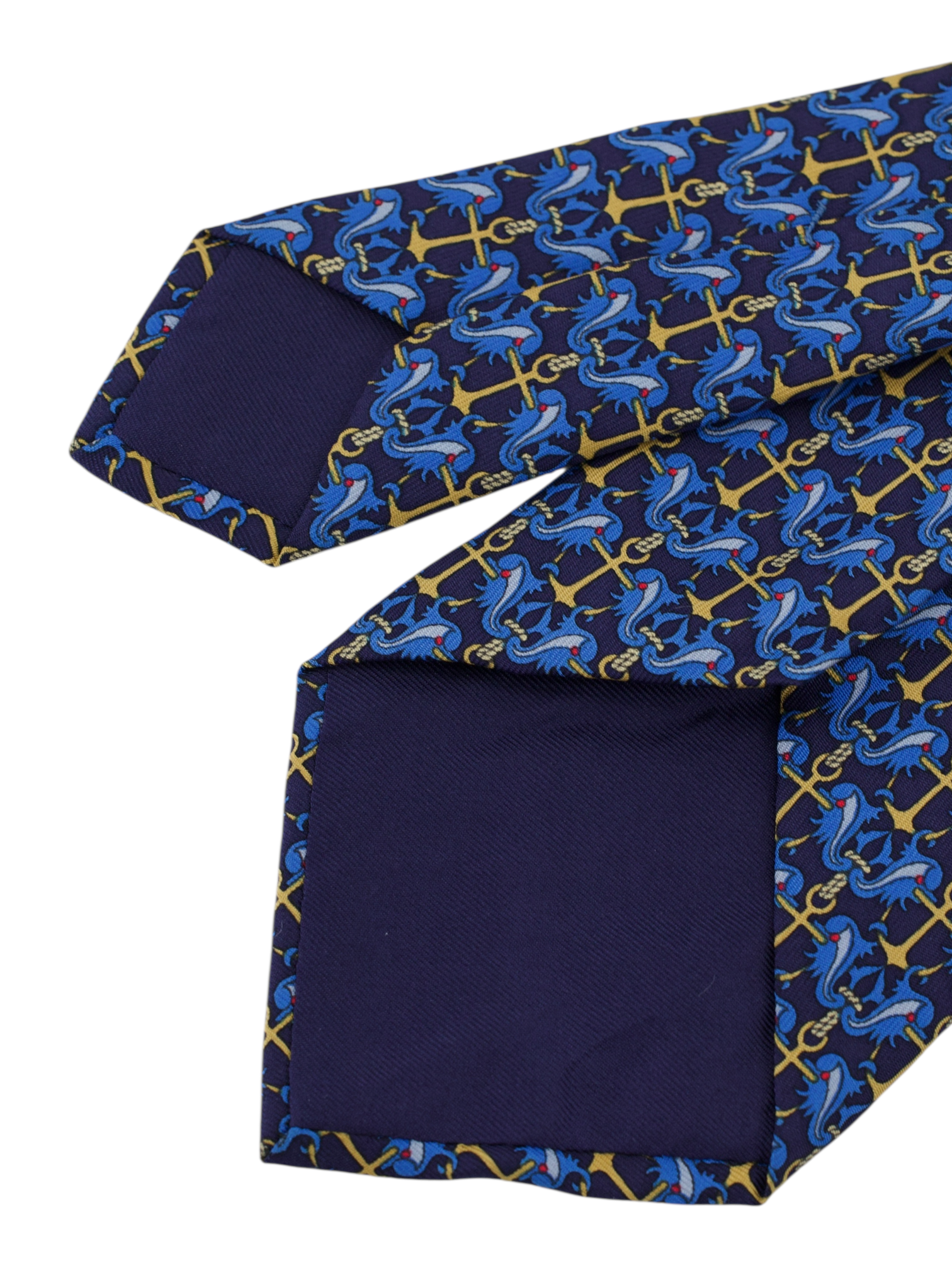 Hermès Navy & Gold Anchors Silk Blue Dolphin Tie