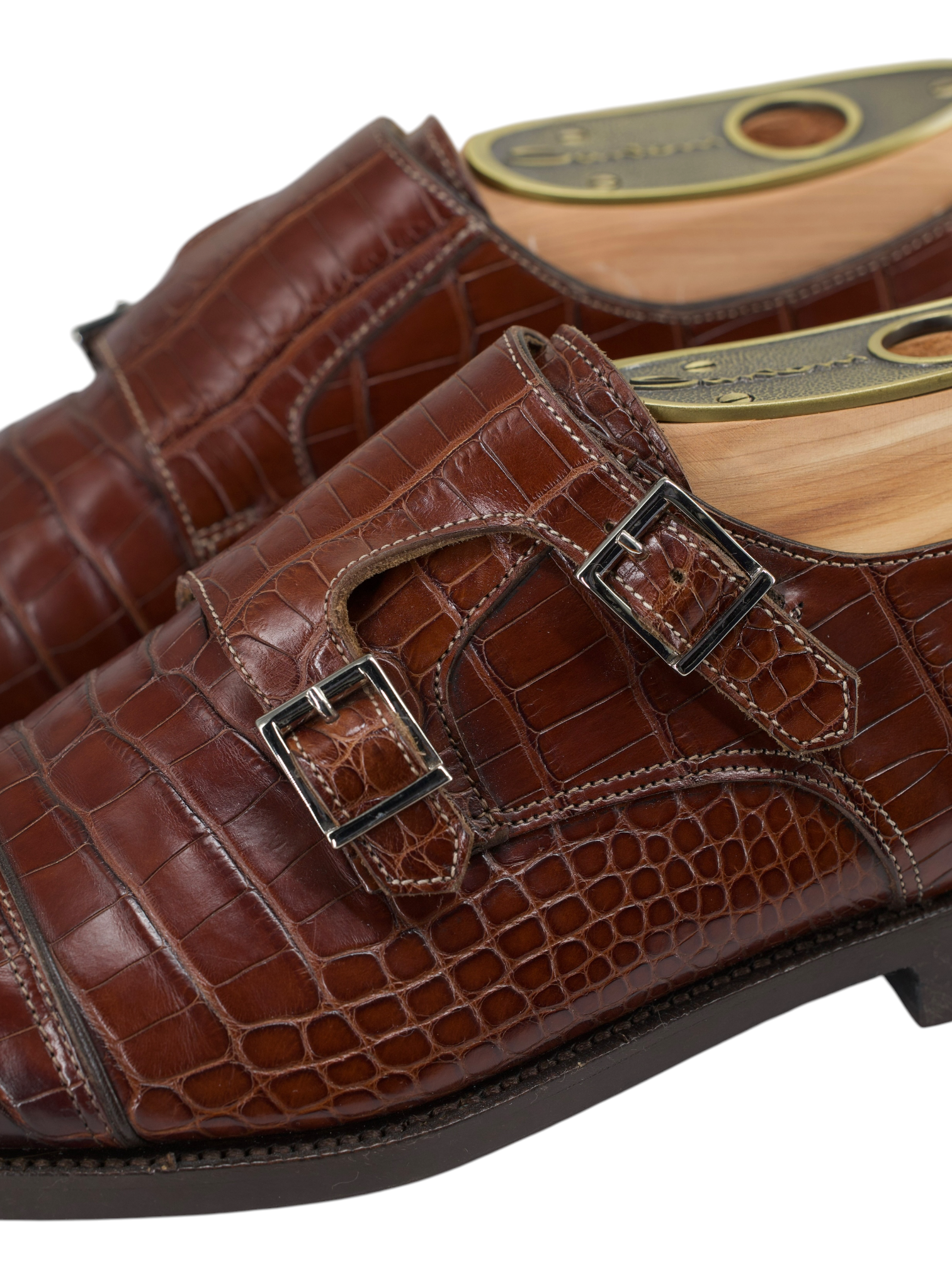 Santoni Castagne Brown Mississippi-Alligator Double Monk + Belt