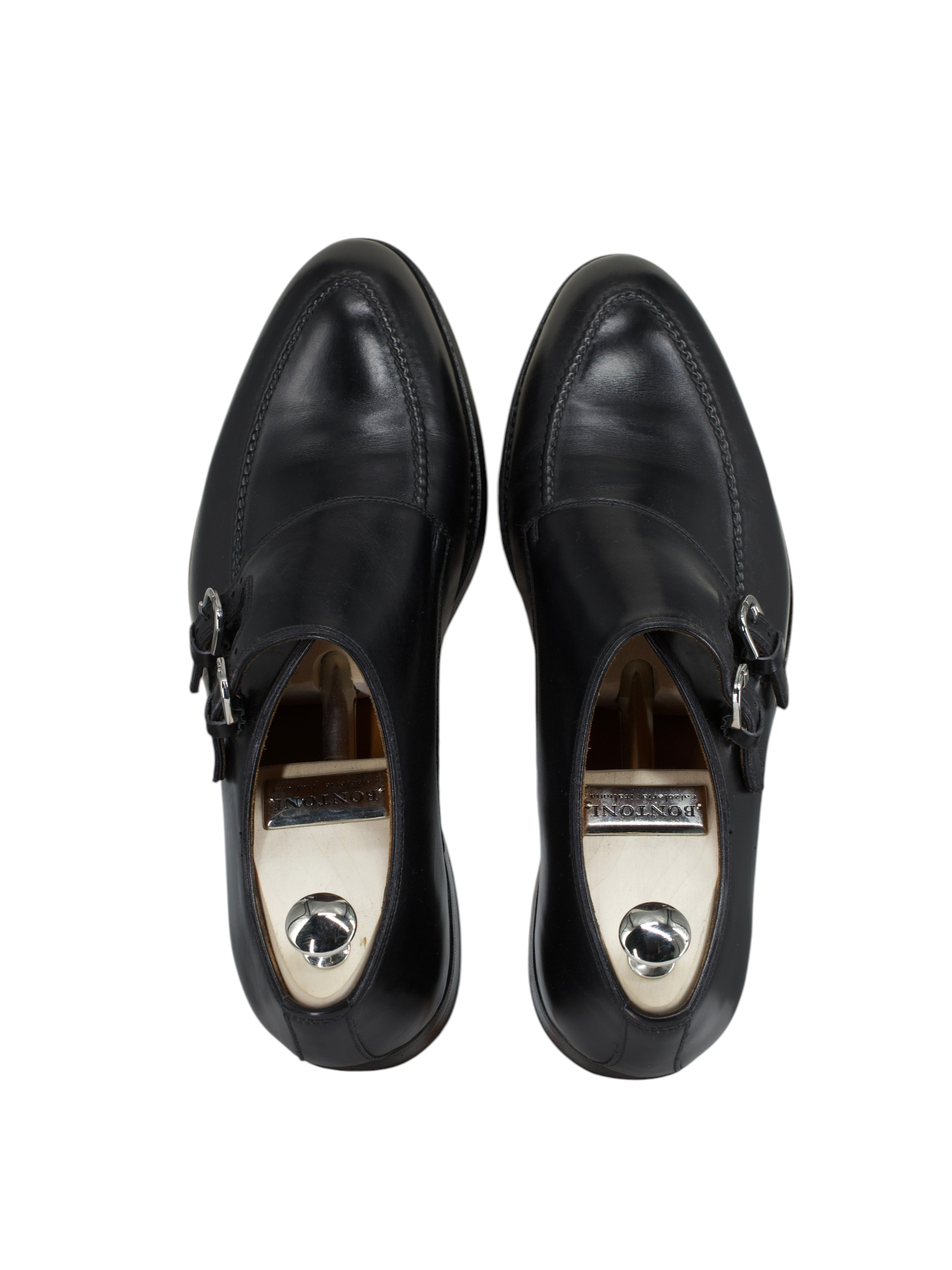Bontoni Black Calfleather Diagonal-Curved "Diamante III" Double Monk
