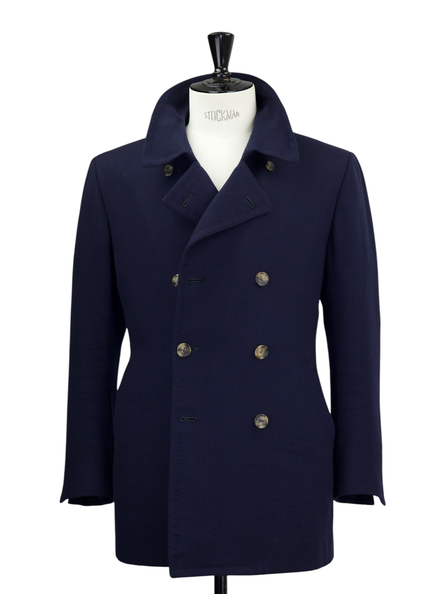 Cesare Attolini Navy Cashmere Double-Breasted Micro-Structure Peacoat