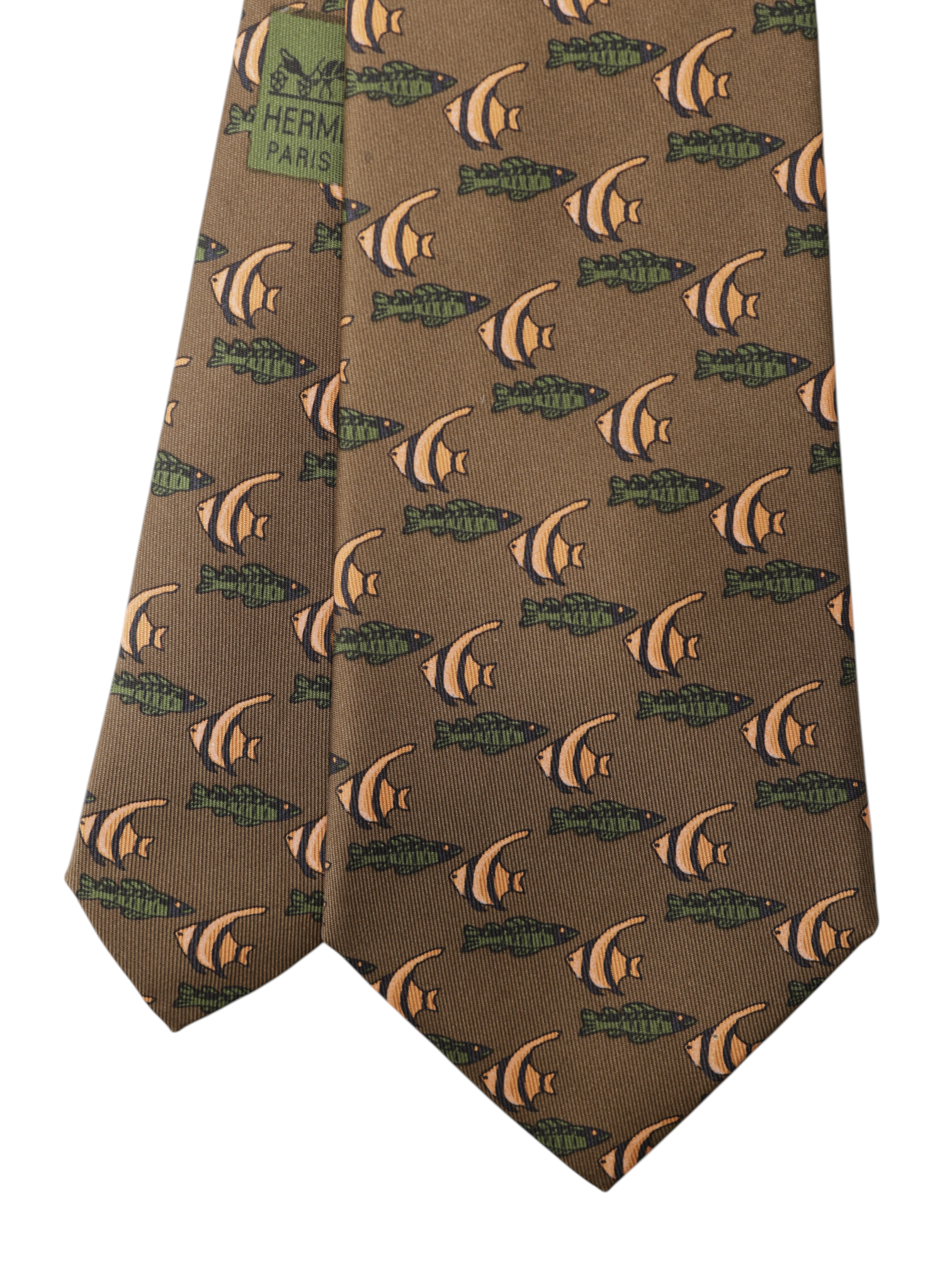 Hermès Bronze & Orange Silk Fish-Pattern Tie