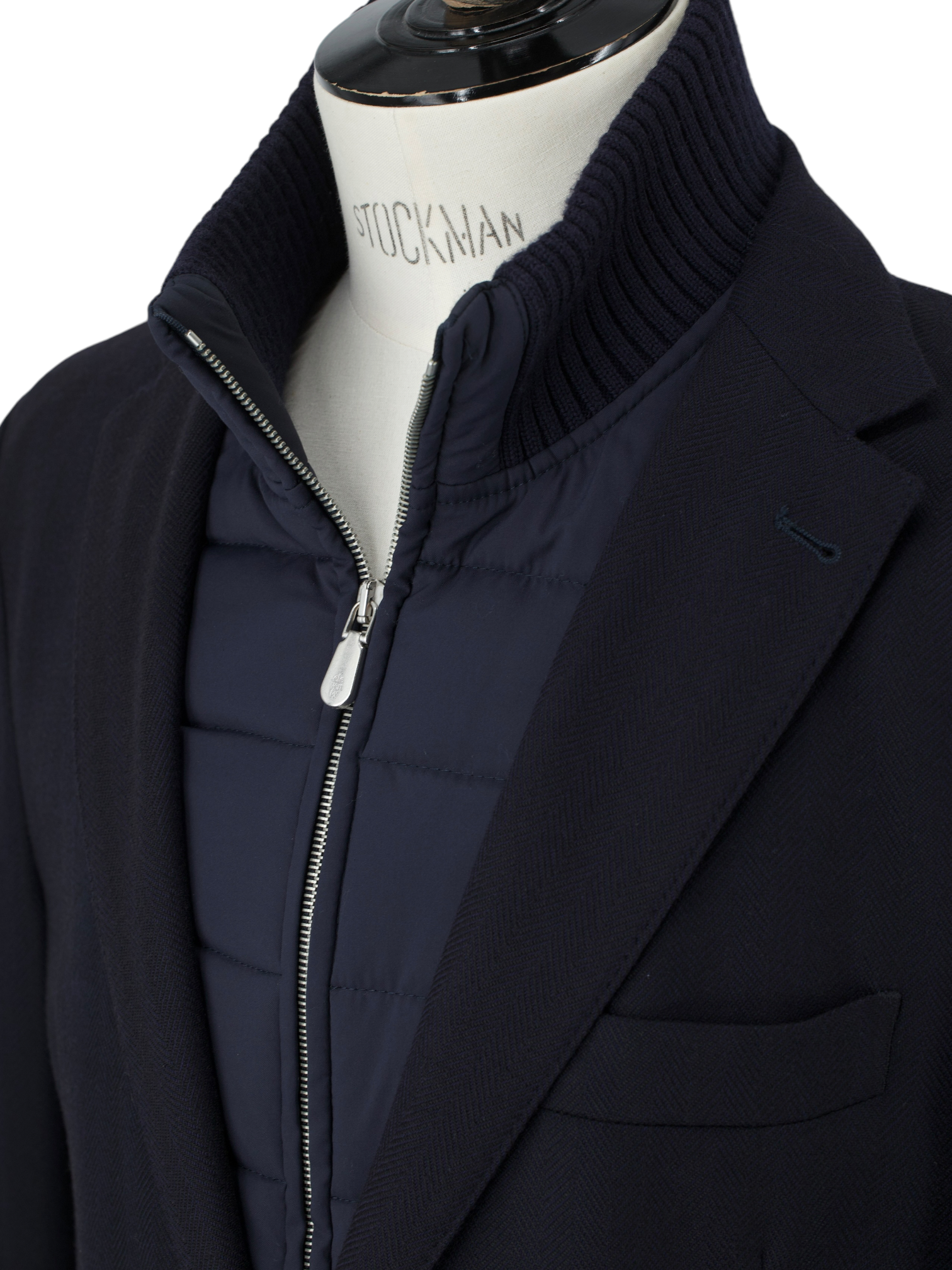 Eleventy Navy Wool-Stretch Removable-Front Herringbone Vespa Jacket
