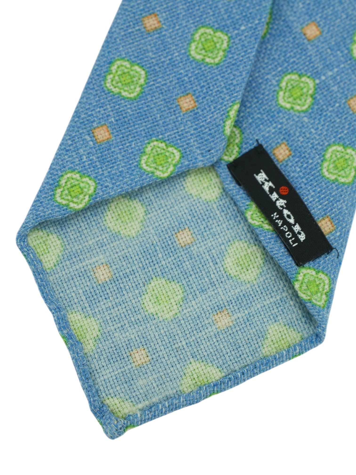 Kiton 5-Fold Light Blue & Green Linen, Silk & Cashmere Floral Tie