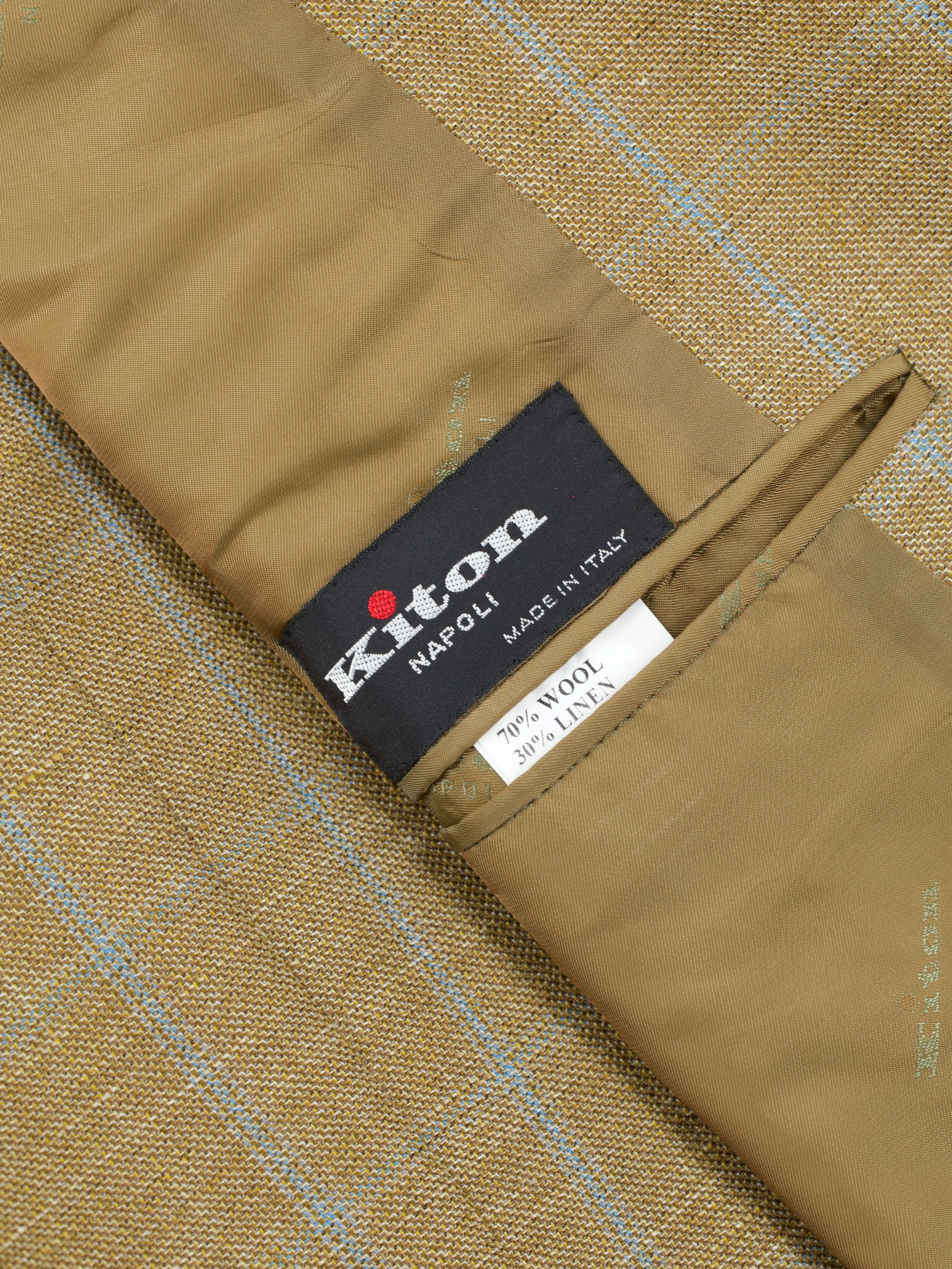 Kiton Caramel Brown & Light Blue Wool & Linen Windowpane Summer Jacket