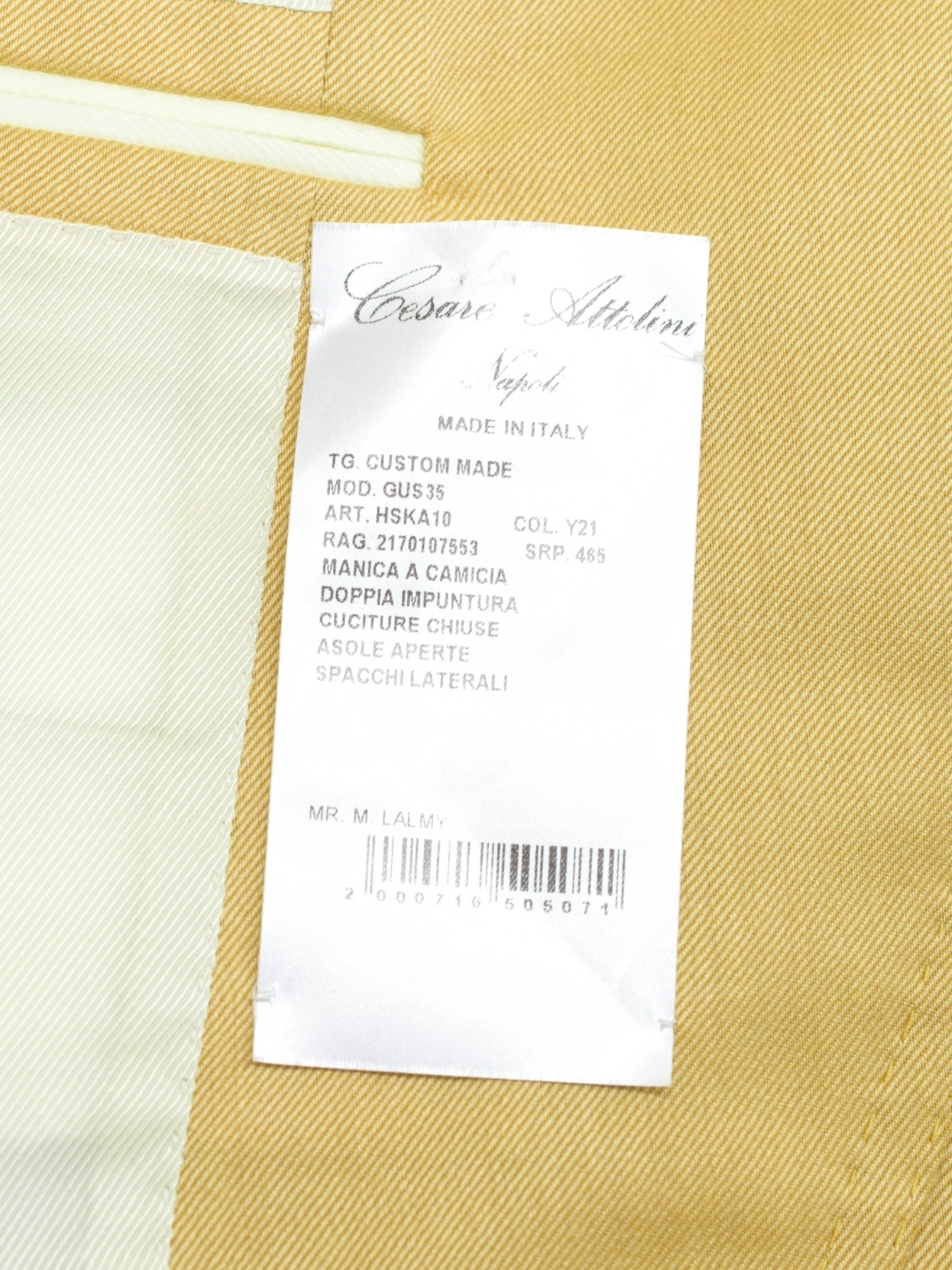 Cesare Attolini Yellow Cashmere “La Grande Bellezza” Twill Jacket