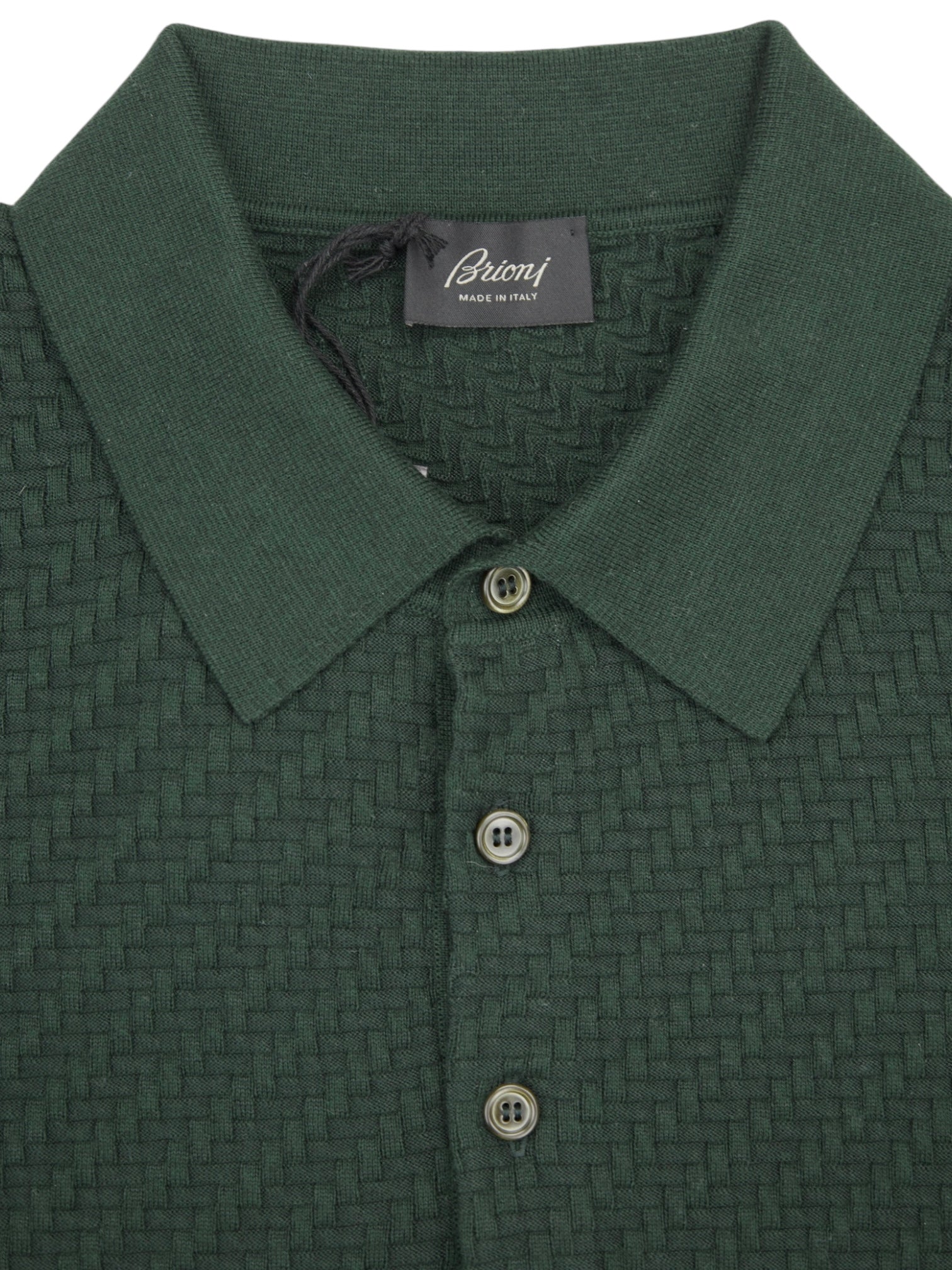 Brioni Forest Green Cotton, Silk & Cashmere Trama Weave Long Sleeve Polo