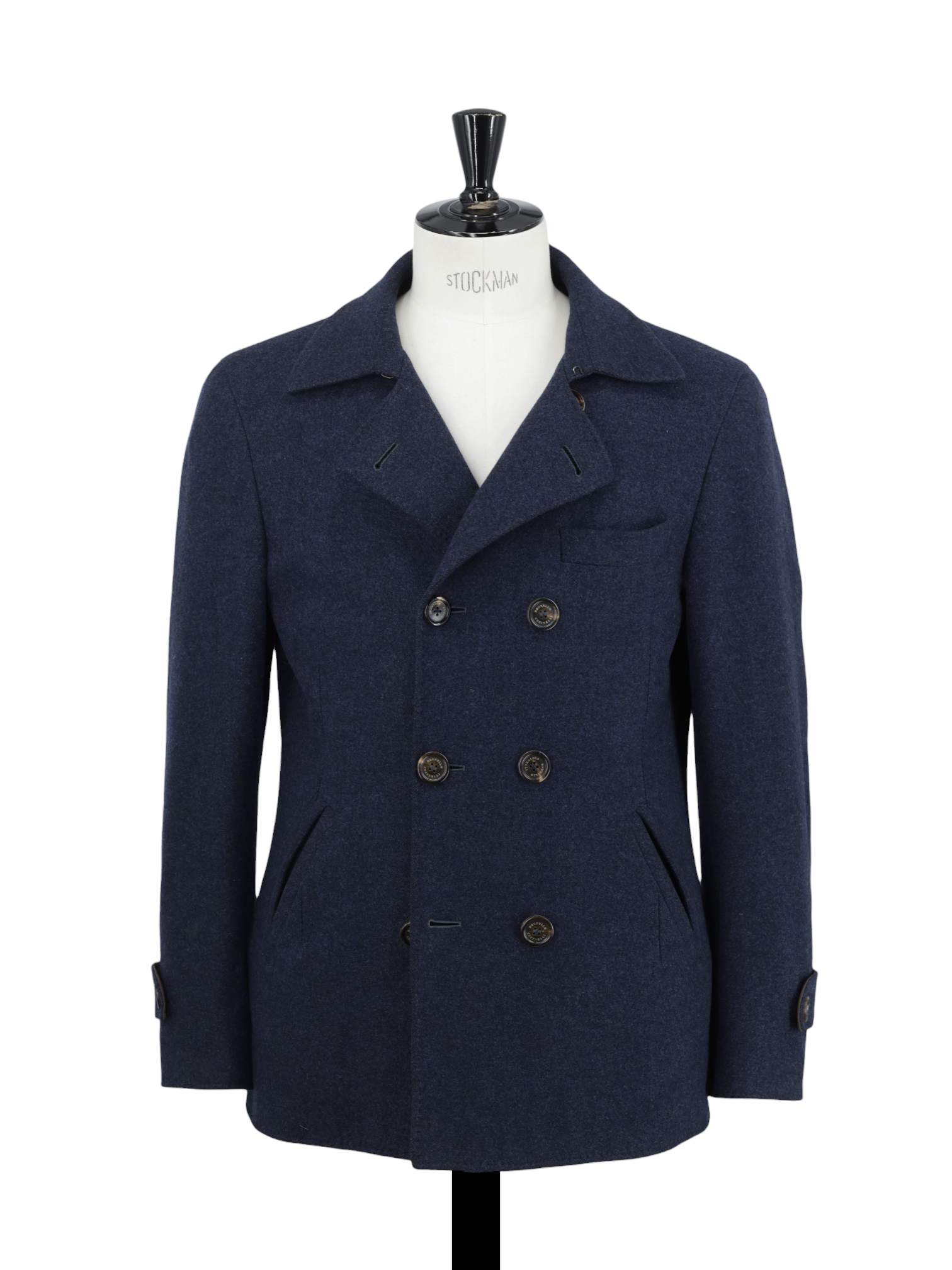 Brunello Cucinelli Dark Blue Wool & Cashmere Double Breasted Peacoat
