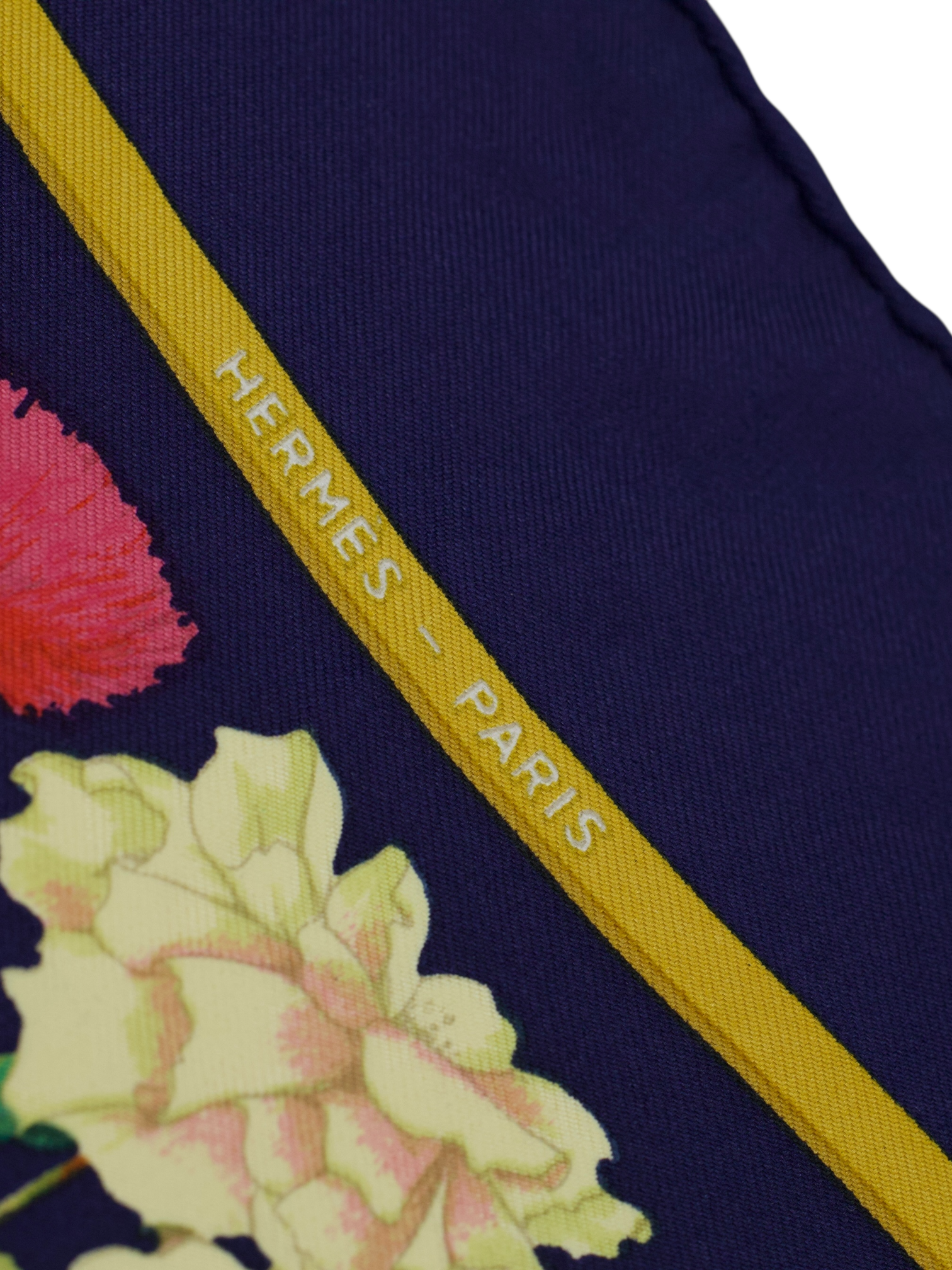 Hermès Navy Multicolor Silk Floral Ribbon “Regina” Pocket Square
