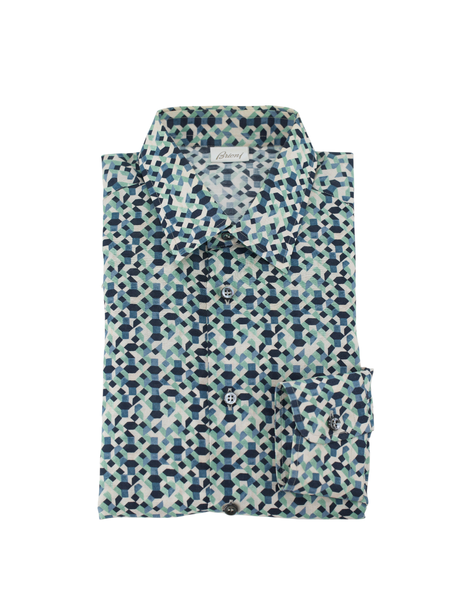 Brioni White Multicolor Linen & Cotton Geometric Pattern Summer Shirt