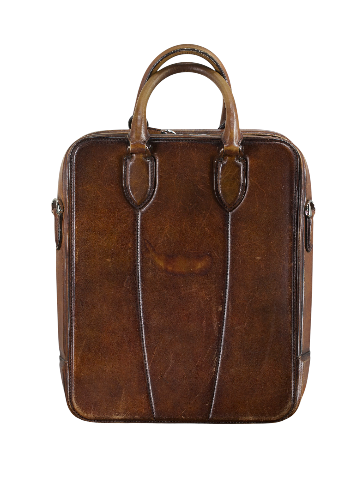 Santoni Cognac Brown Patina-Leather Business Tote-Bag