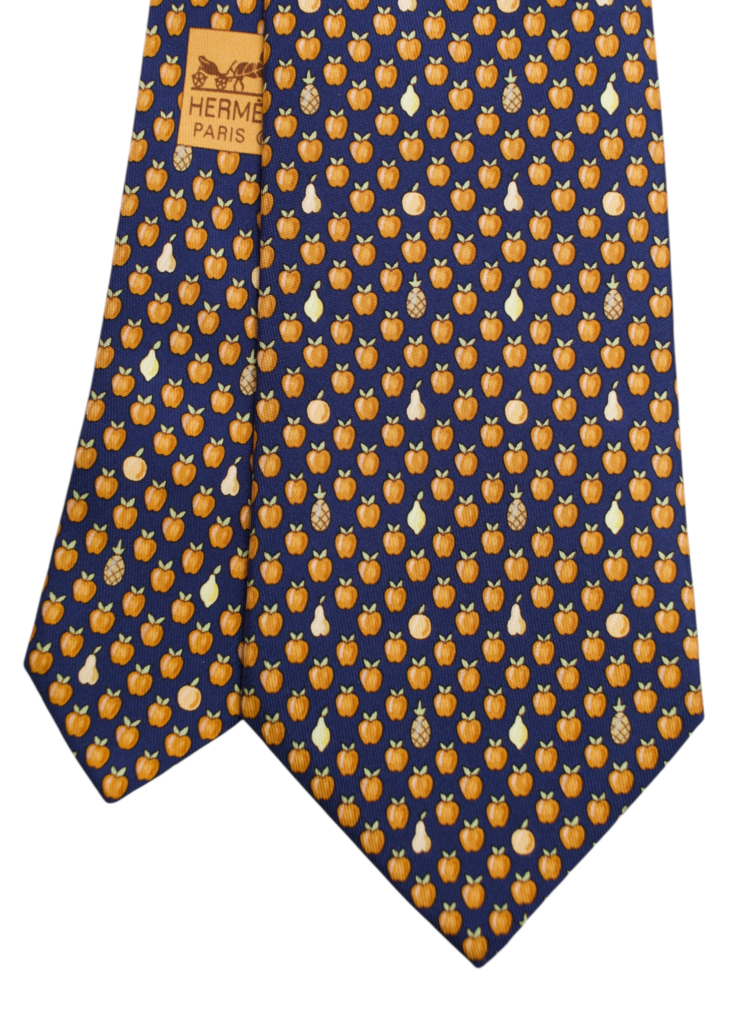 Hermès Navy & Orange Silk Apple & Pear Pattern Tie