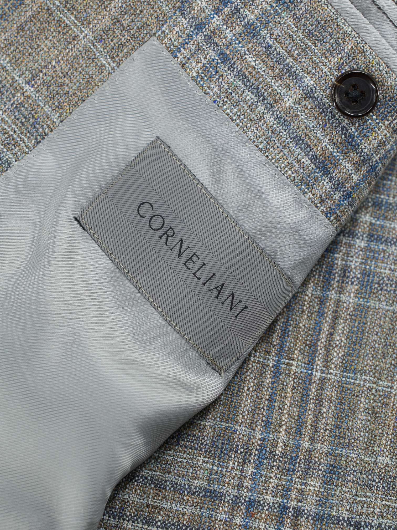 Corneliani Taupe & Denim Blue Silk & Wool Checkered "Gate" Jacket
