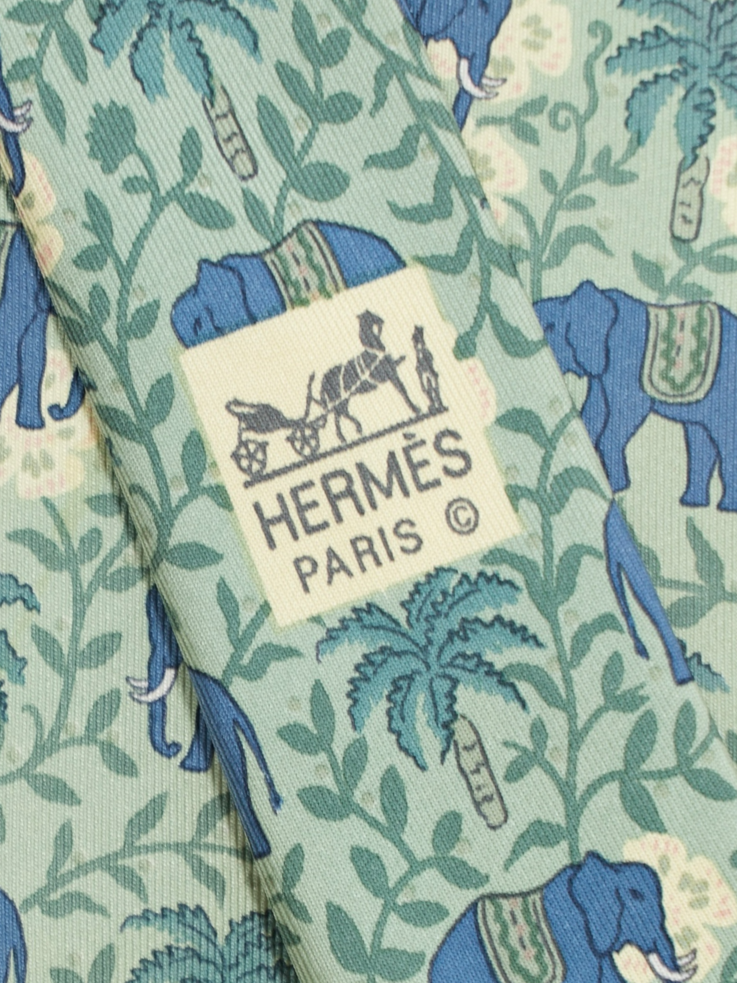 Hermès Sage Green Silk Elephant Pattern Tie