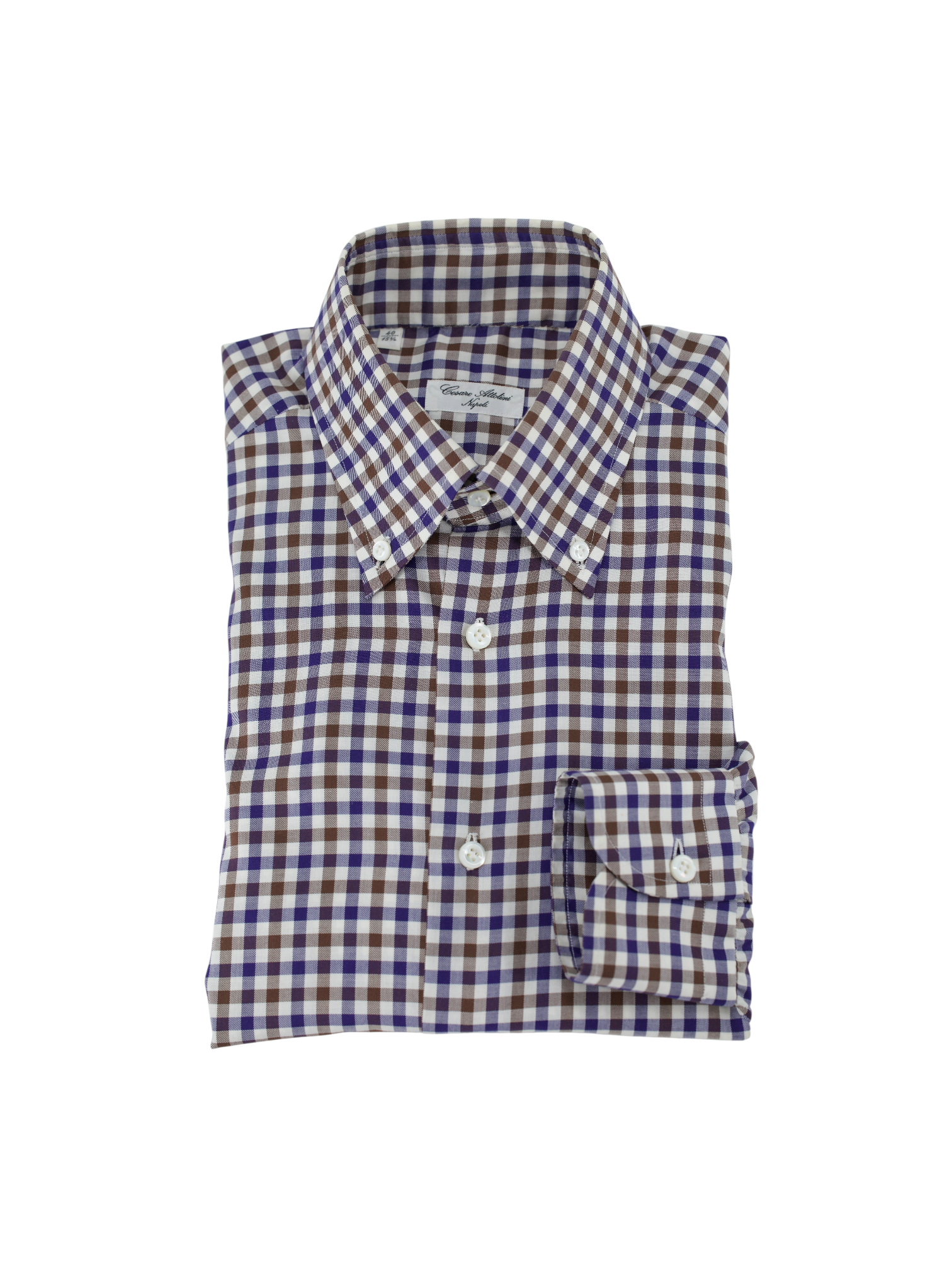 Cesare Attolini Brown & Navy Cotton Gingham-Check Button Down Shirt