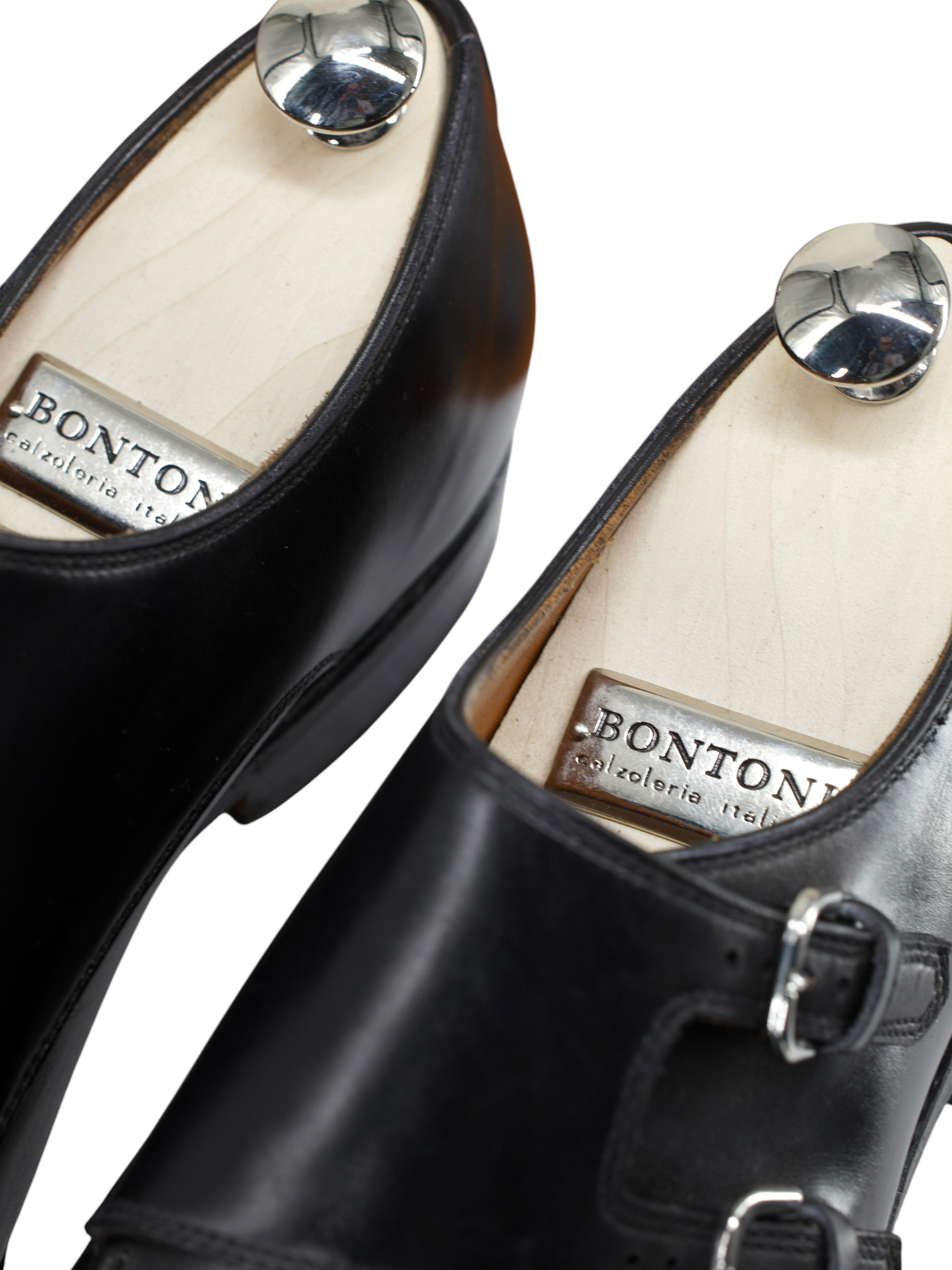 Bontoni Black Calfleather Diagonal-Curved "Diamante III" Double Monk