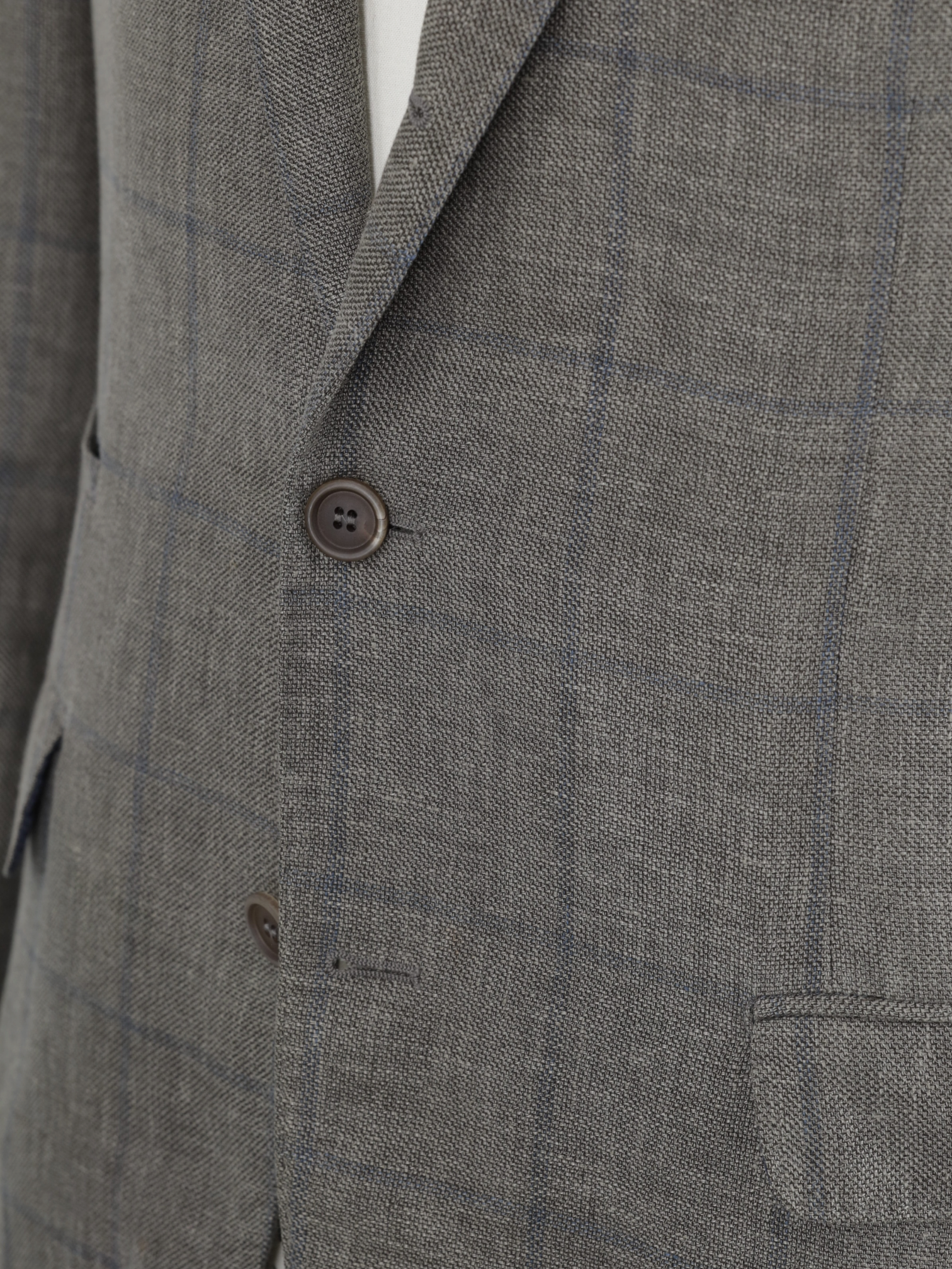 Brunello Cucinelli Light Brown & Chambray Blue Linen, Wool & Silk Windowpane Jacket