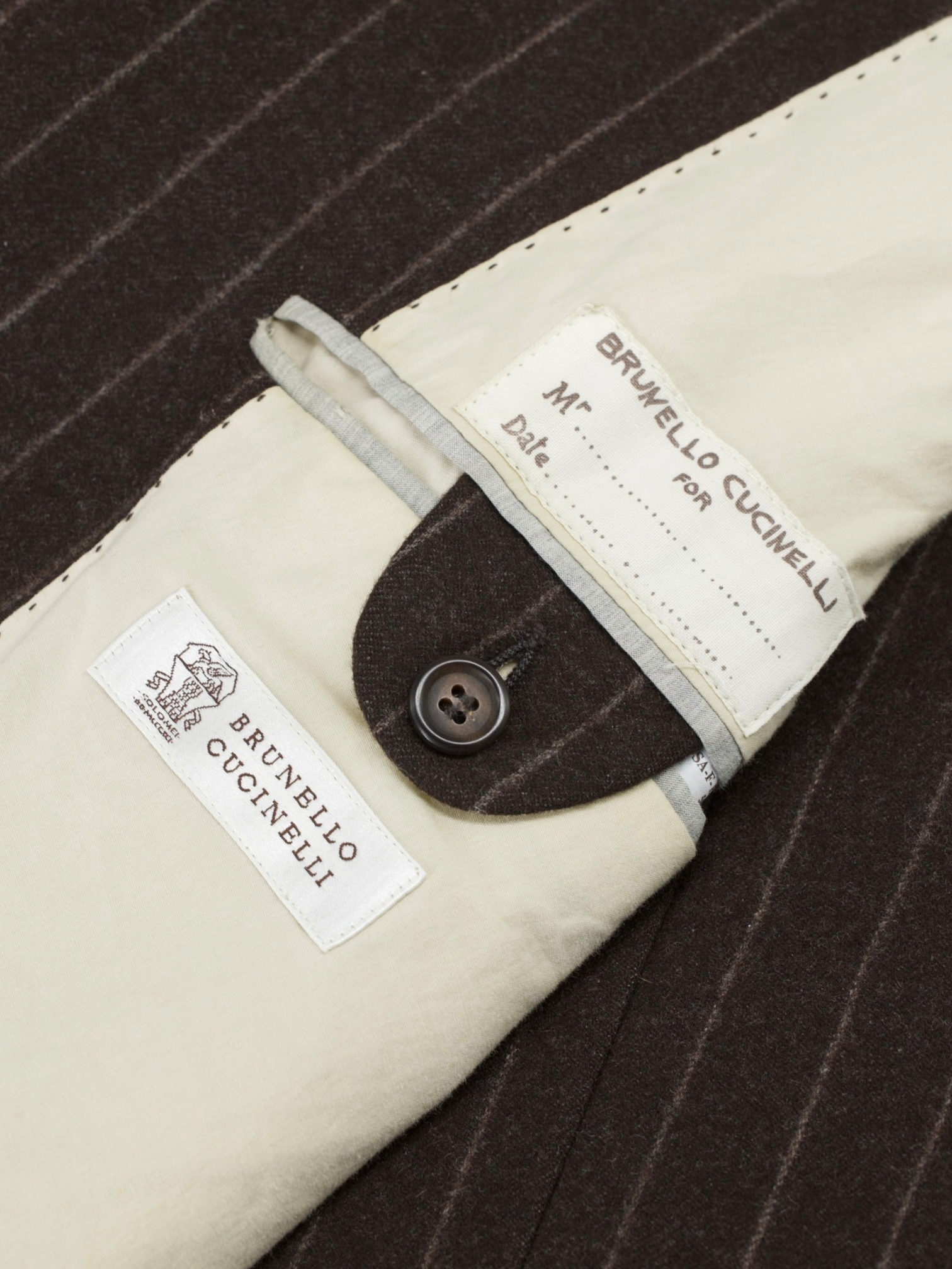 Brunello Cucinelli Chocolate Brown Wool & Cashmere Flannel Chalkstripe Jacket