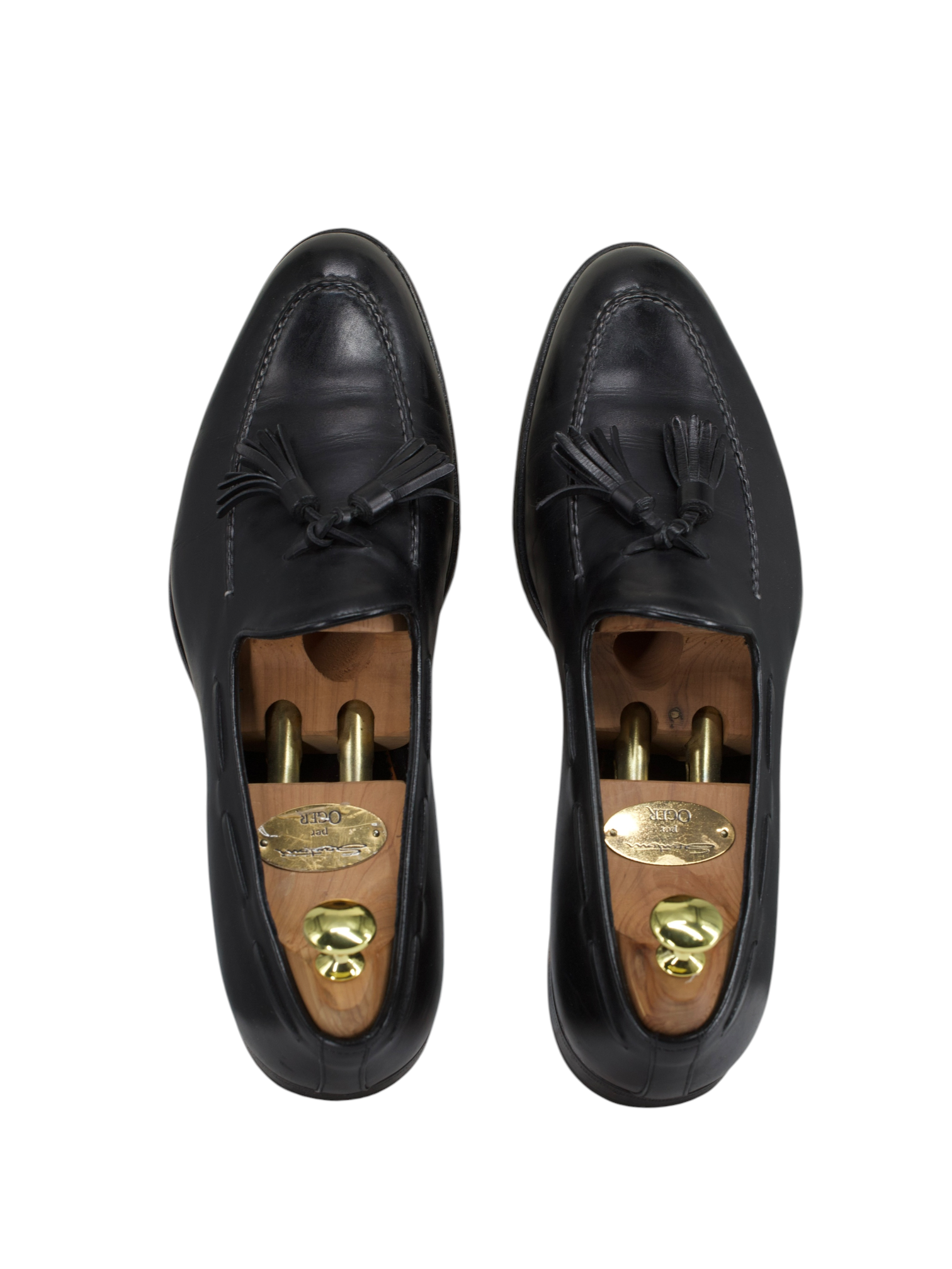 Santoni Black Calfleather Goodyear-Welted Tassel Loafers