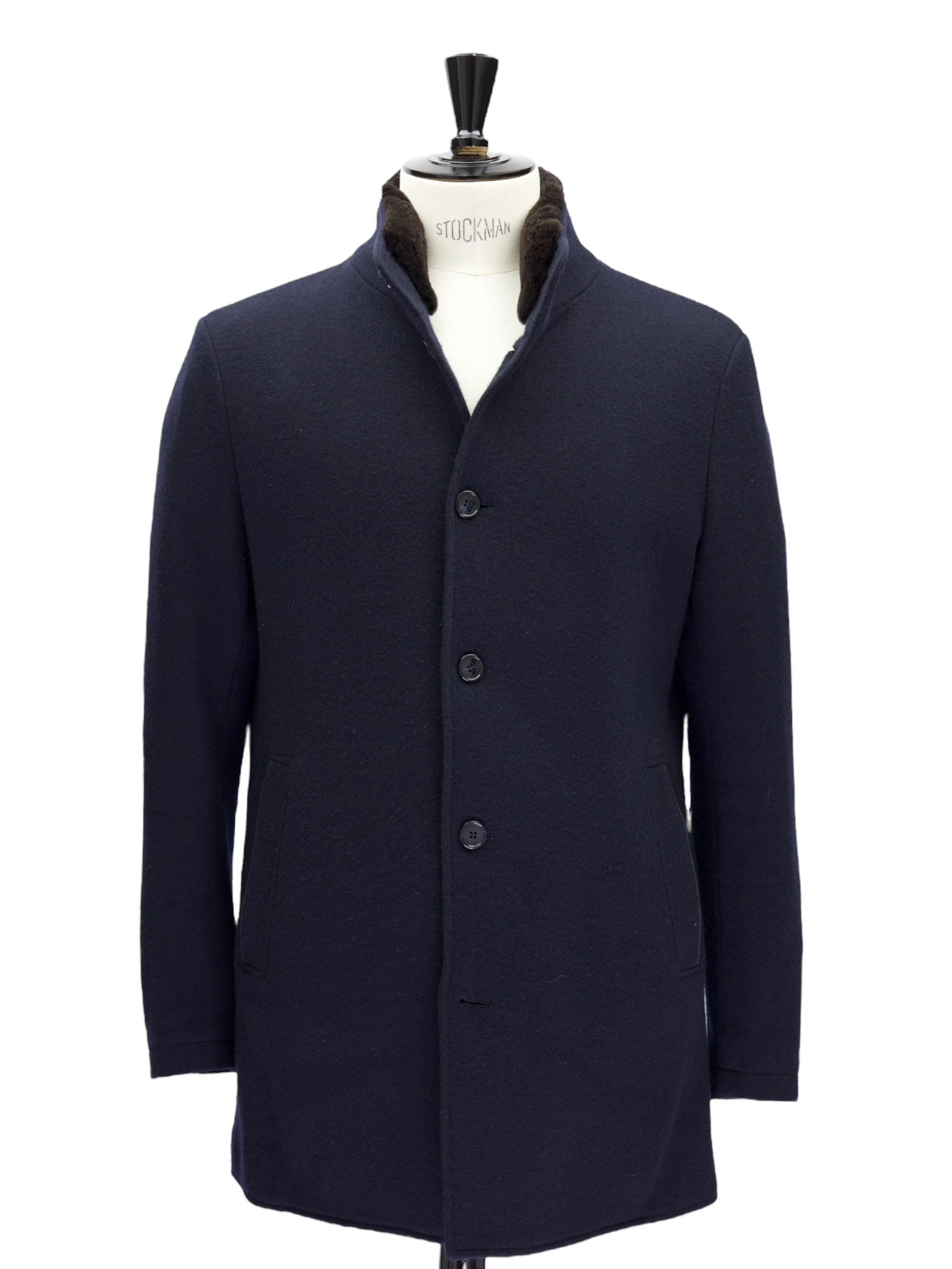 Mandelli Navy Cashmere & Castorino Fur Collar Overcoat