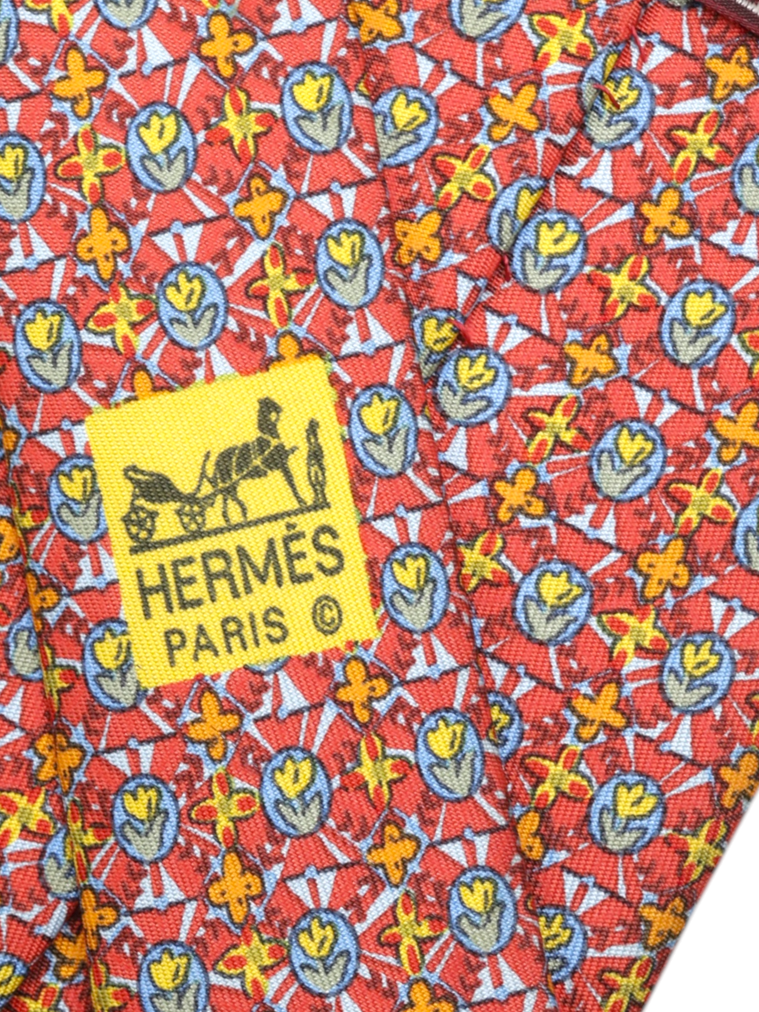 Hermès Red & Multicolor Silk Tulips-Pattern Tie
