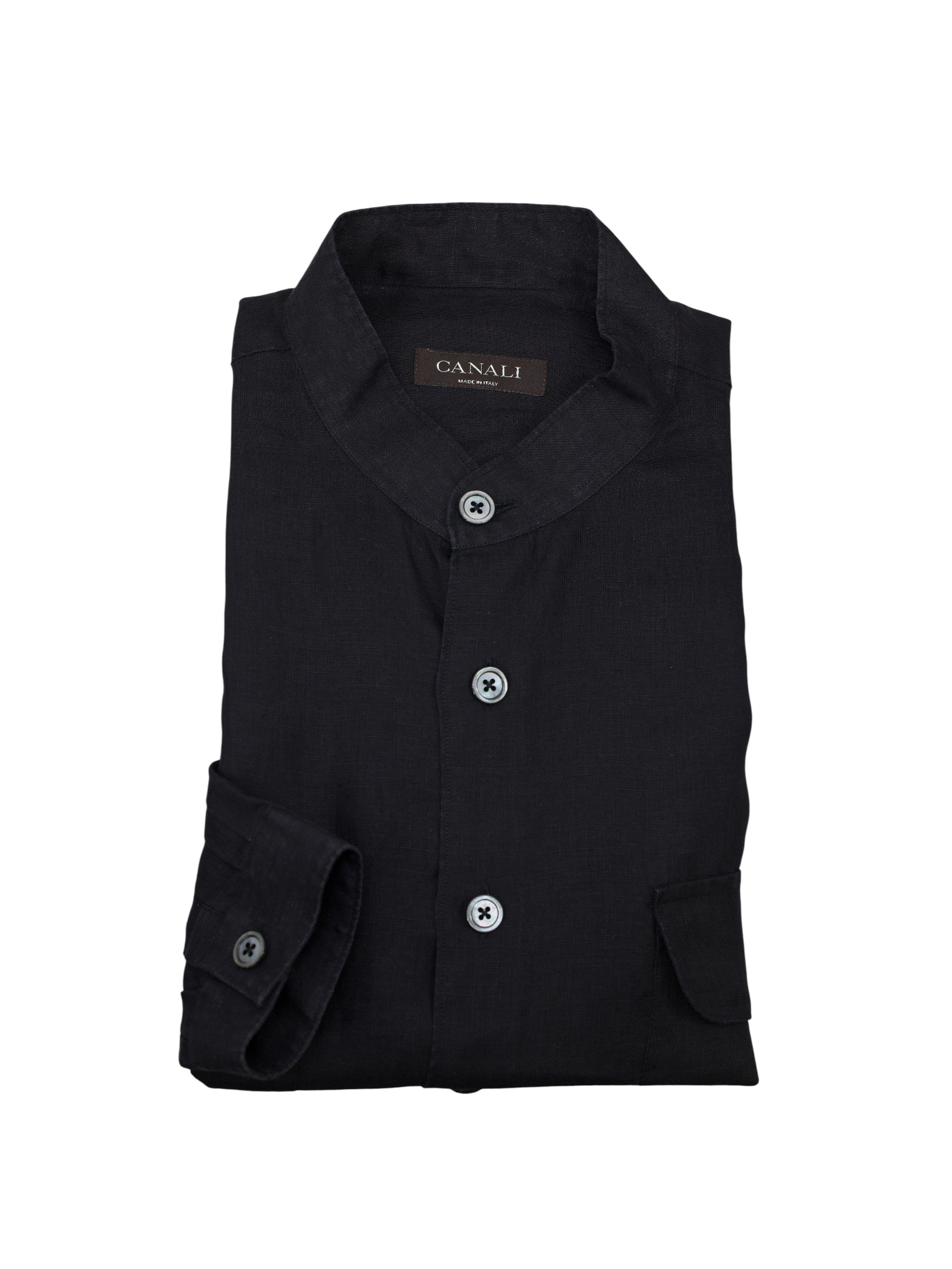 Canali Black Pure Linen Mandarin-Collar Summer Shirt