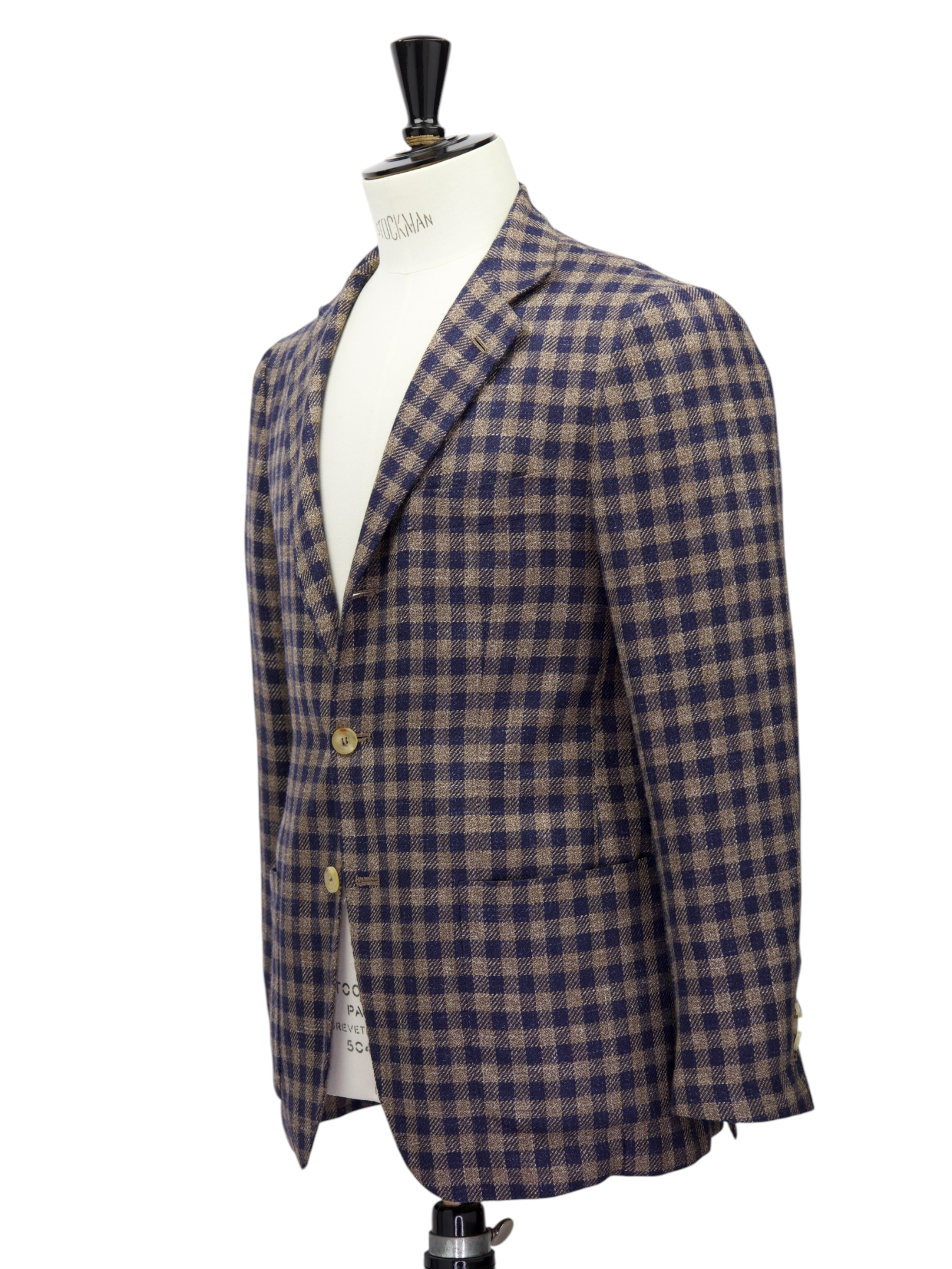 Kiton Light Brown & Navy Wool, Cashmere & Linen Gingham Check Jacket