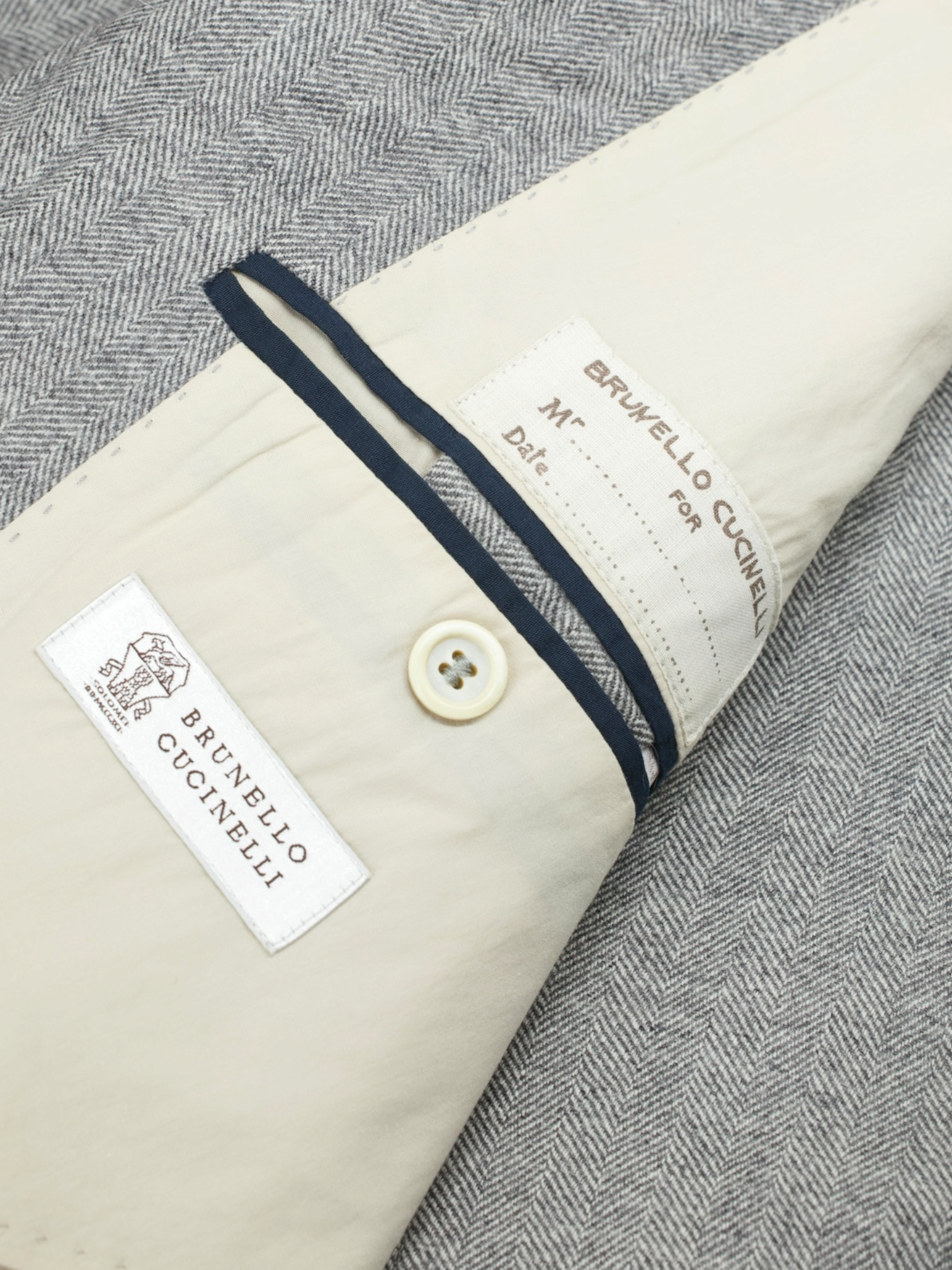 Brunello Cucinelli Grey Wool & Cashmere Elbow-Patch Herringbone Jacket
