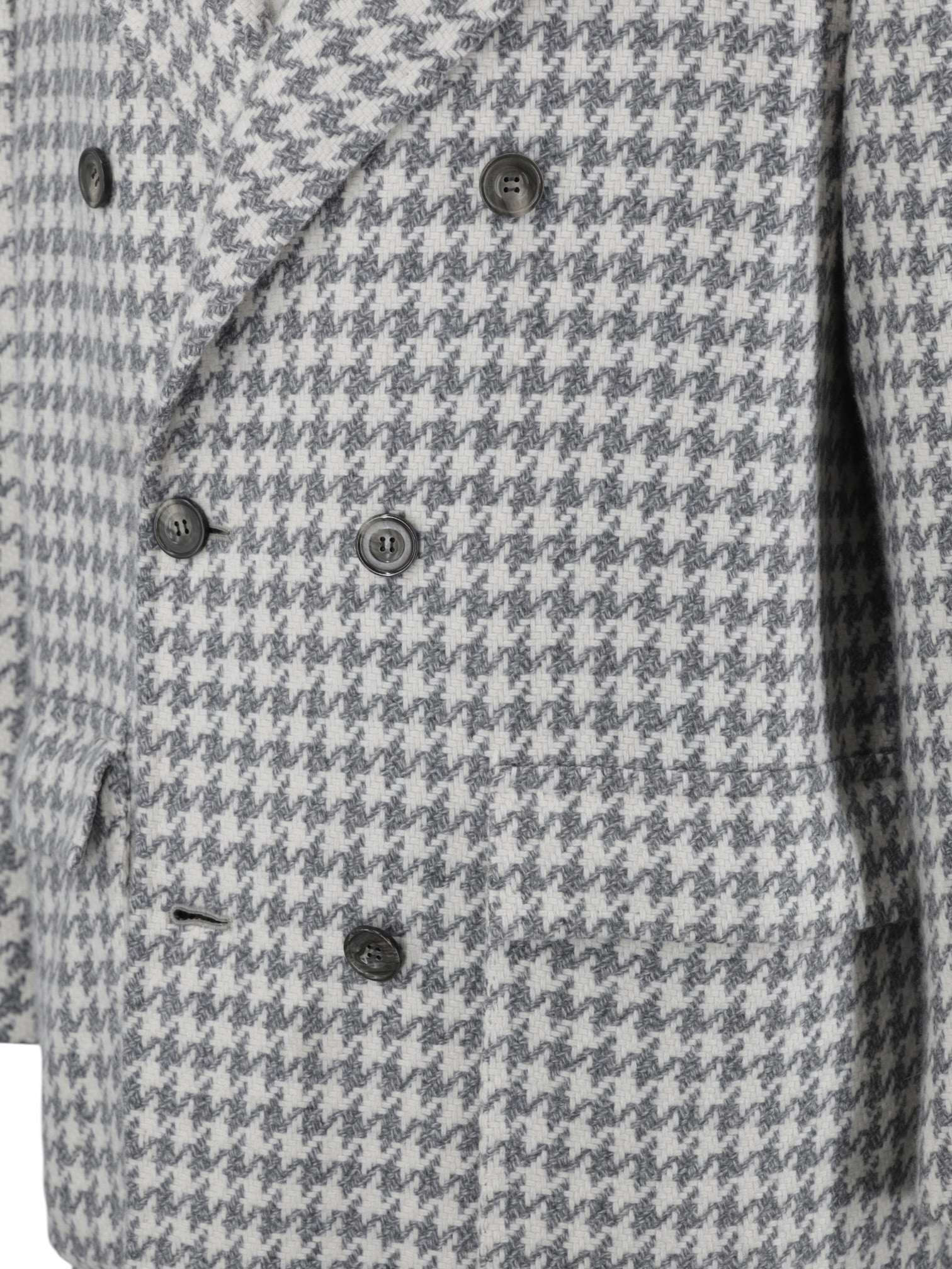 Kiton Light Grey & Offwhite Pure Cashmere Jaquard-Weave Houndstooth Overcoat
