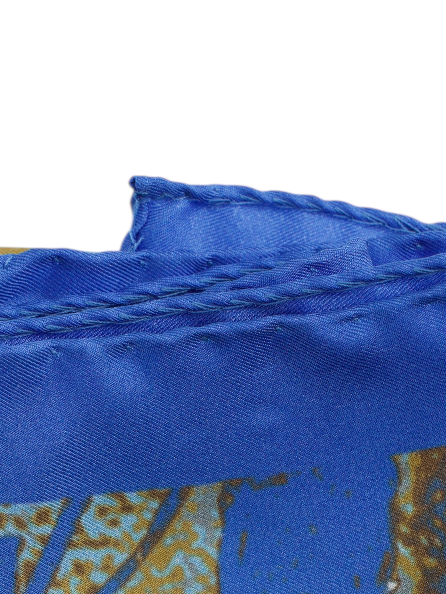 Kiton Blue Silk Leave-Pattern Handrolled Pocketsquare