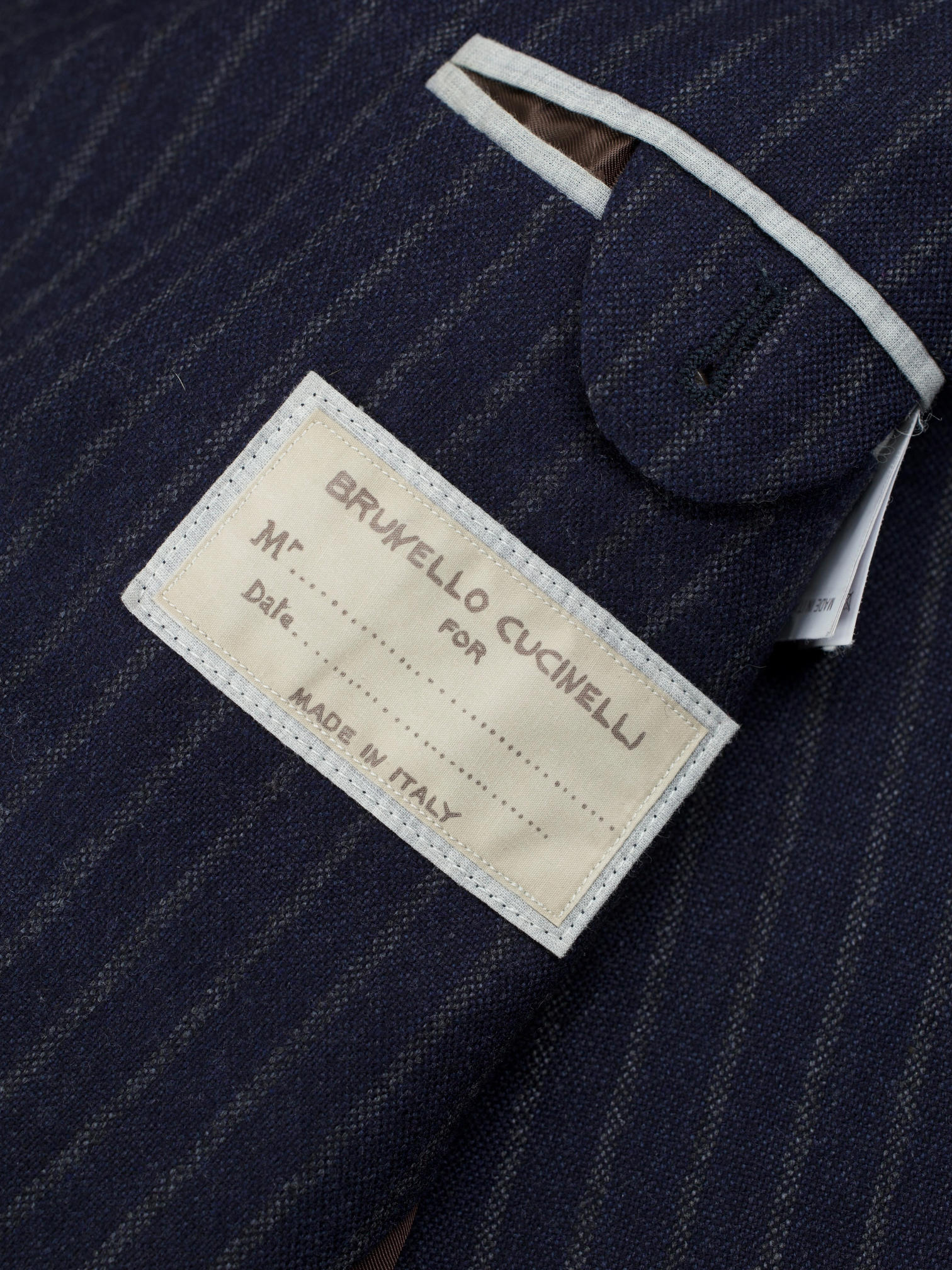 Brunello Cucinelli Navy & Light Brown Wool, Mohair & Cashmere Pinstripe Jacket