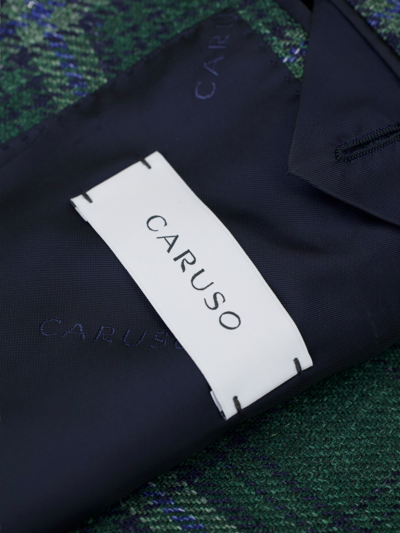 Caruso Bottle Green & Blue Wool, Silk & Linen Windowpane Boheme Jacket