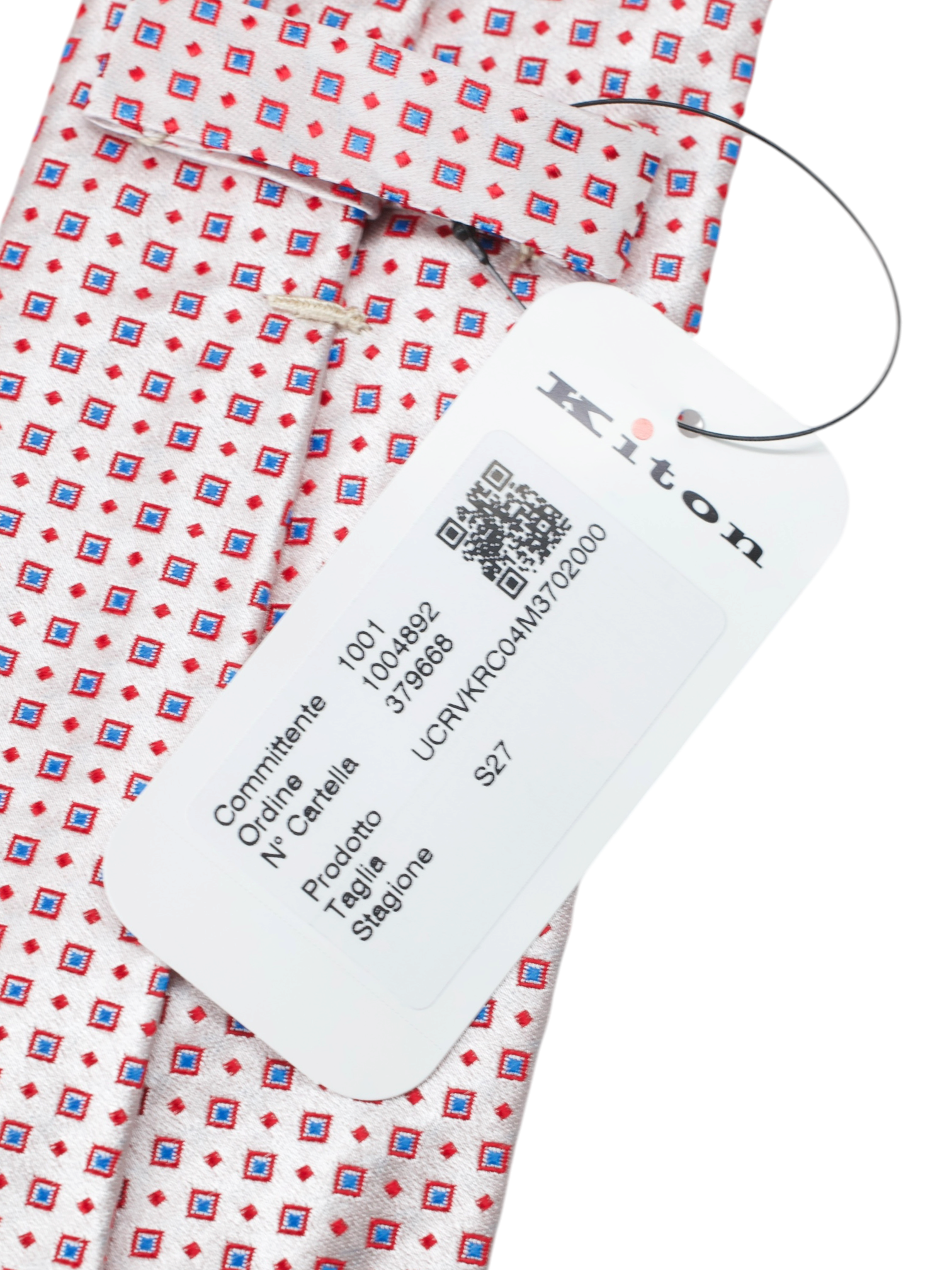 Kiton 5-Fold Light Pink, Red & Blue SIlk Micro-Square Pattern Tie