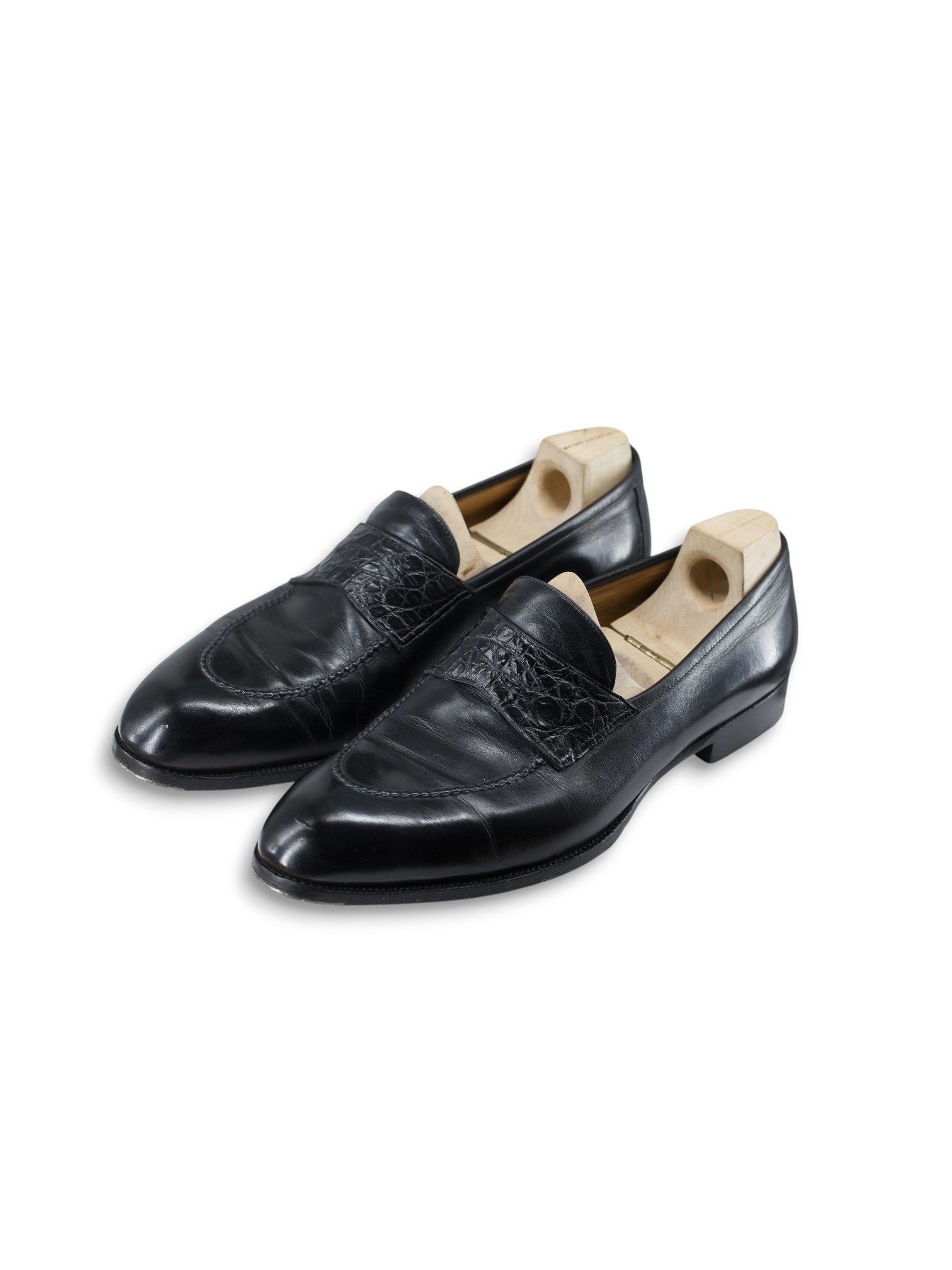 Saint Crispin's Black Calfleather & Crocodile-Strap Penny Loafer