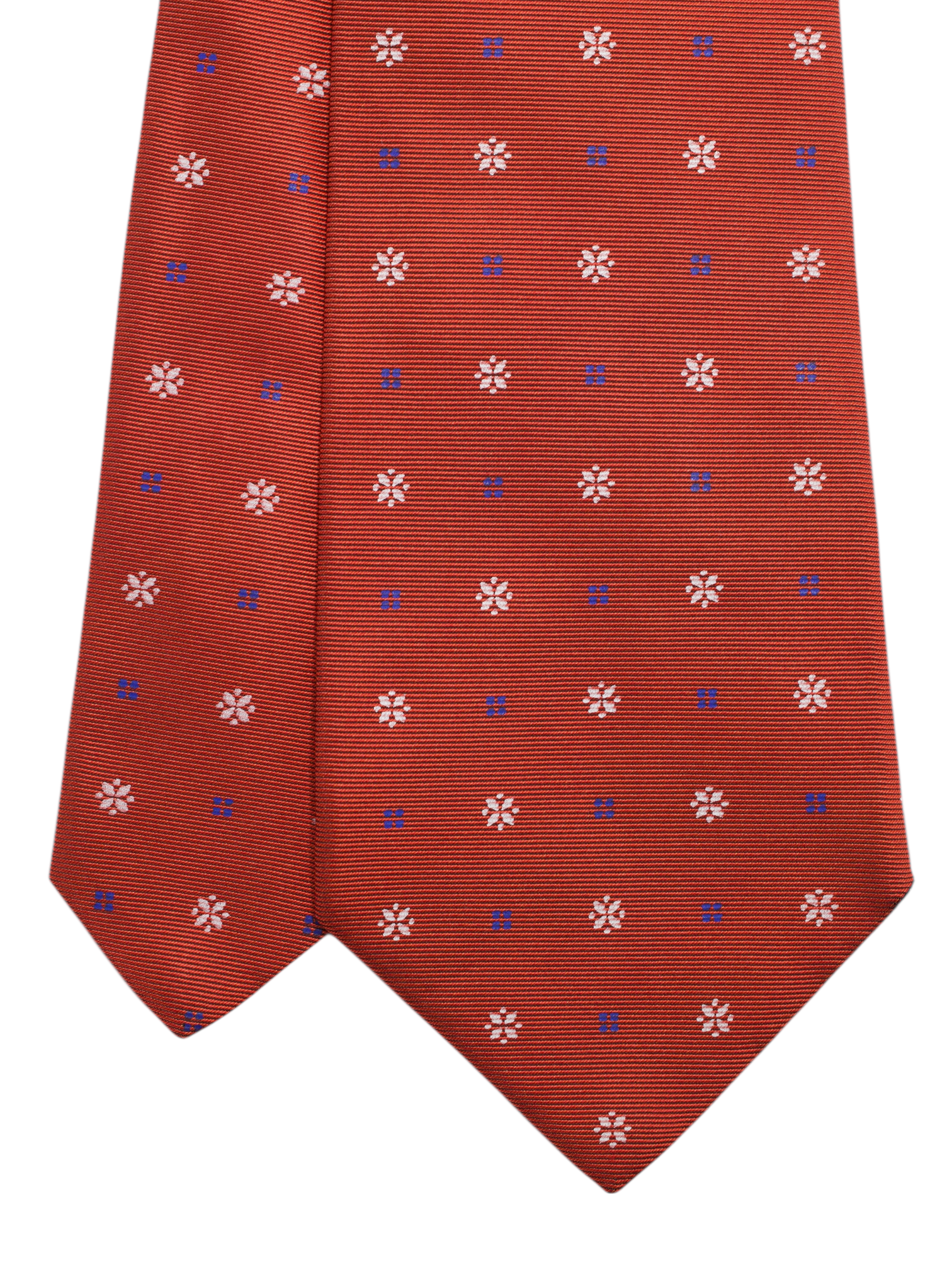 Kiton 5-Fold Coral Red & Blue Silk Vintage Geometric Pattern Tie