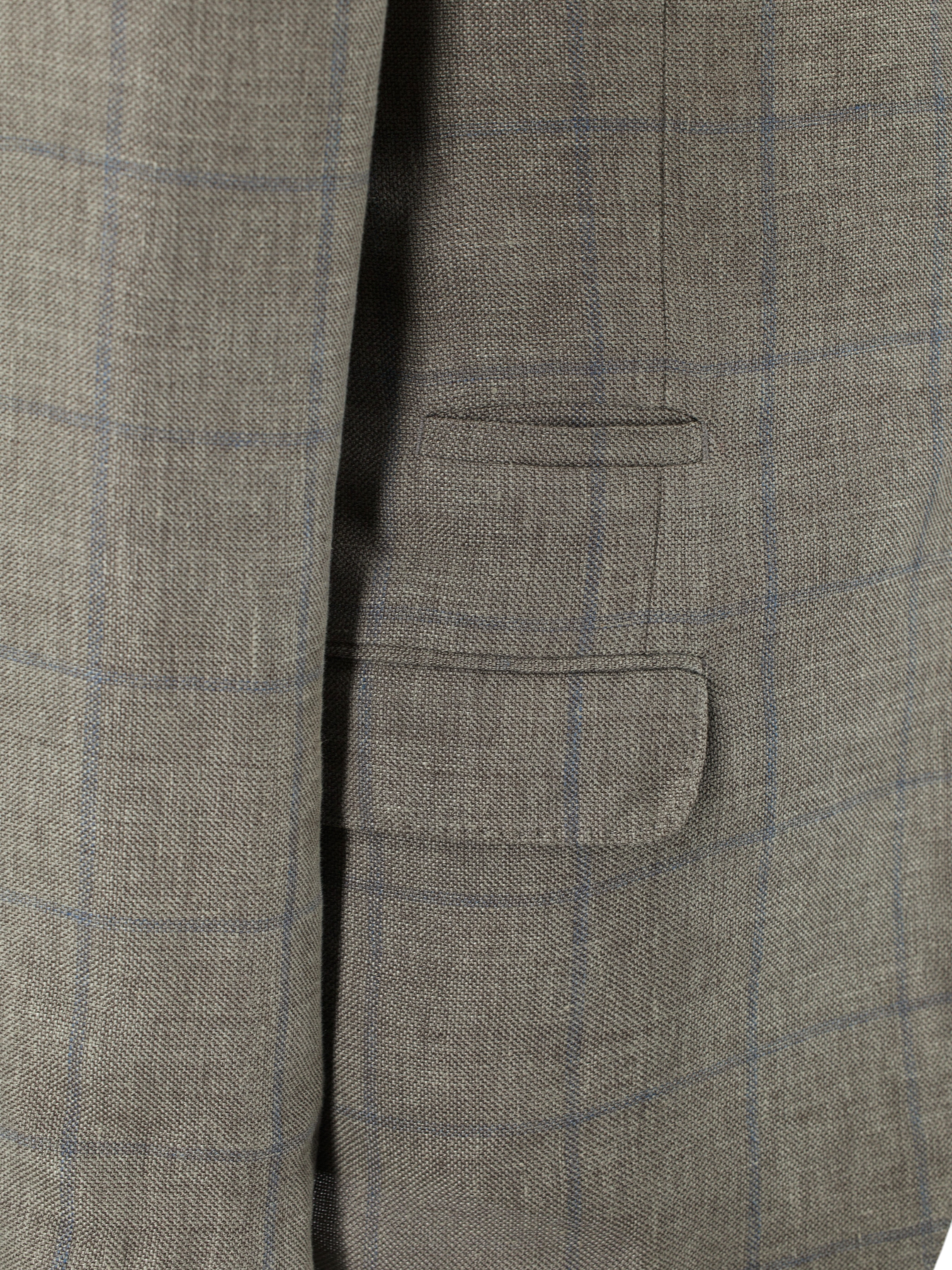Brunello Cucinelli Light Brown & Chambray Blue Linen, Wool & Silk Windowpane Jacket
