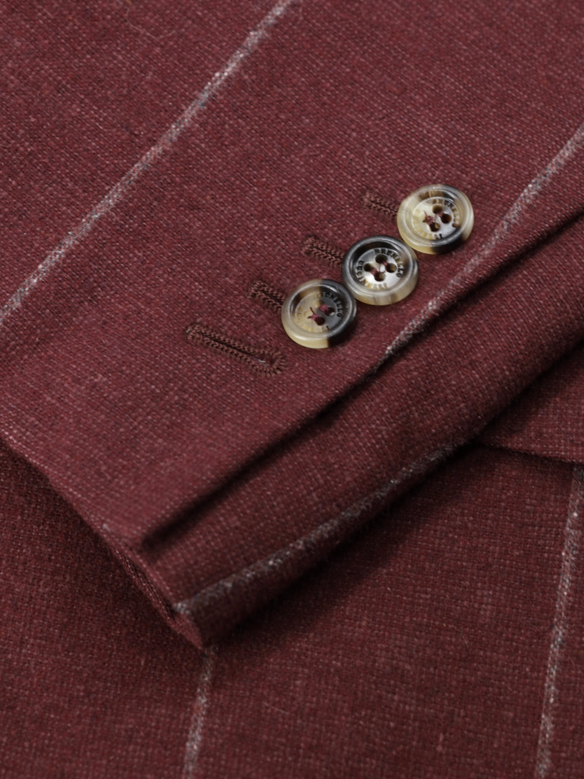 Brunello Cucinelli Dark Red Silk, Wool & Cashmere Double Breasted Chalkstripe Jacket