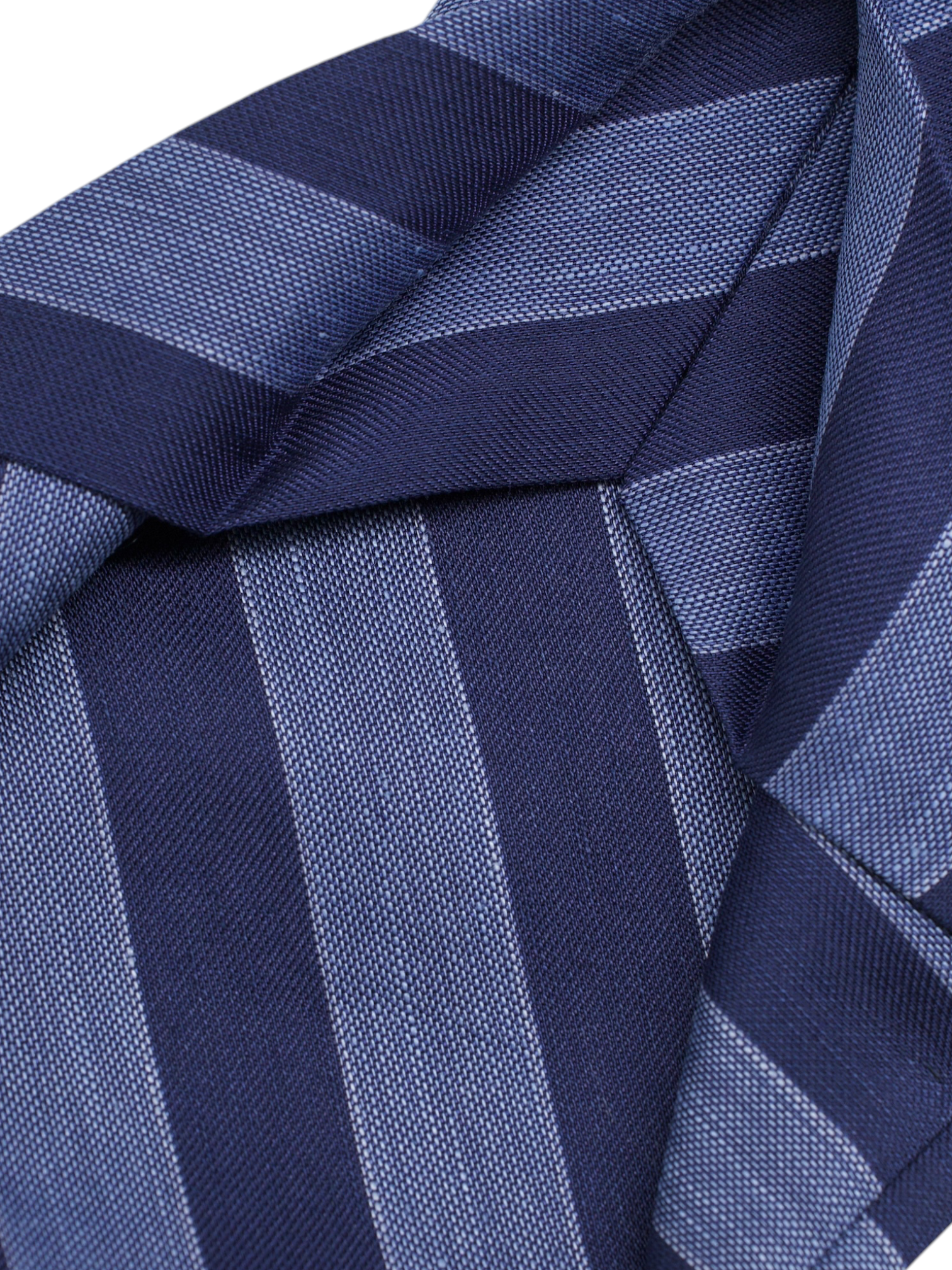 Kiton 5-Fold Steel Blue & Navy Silk & Linen Club Stripe Tie