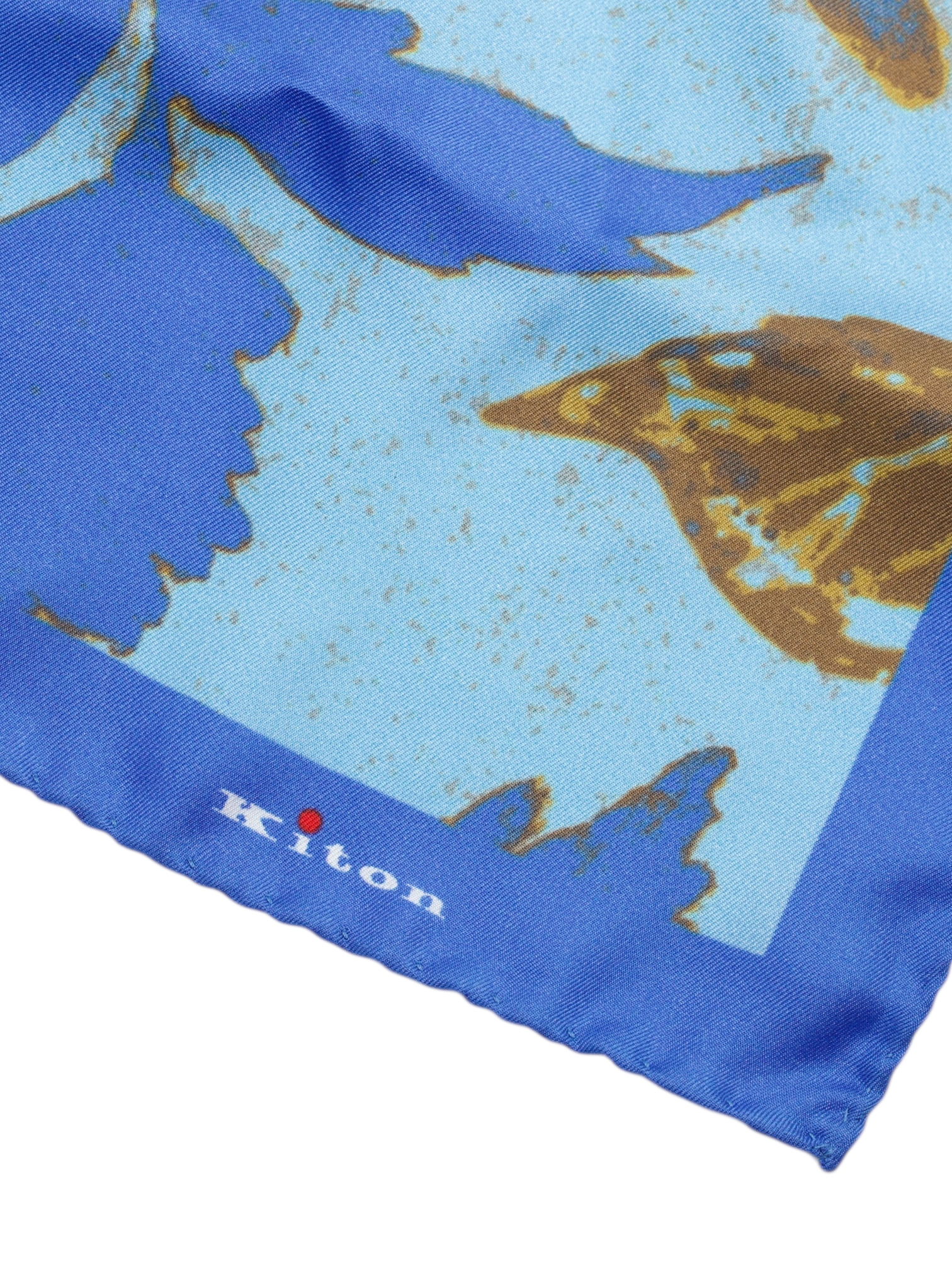 Kiton Blue Silk Leave-Pattern Handrolled Pocketsquare