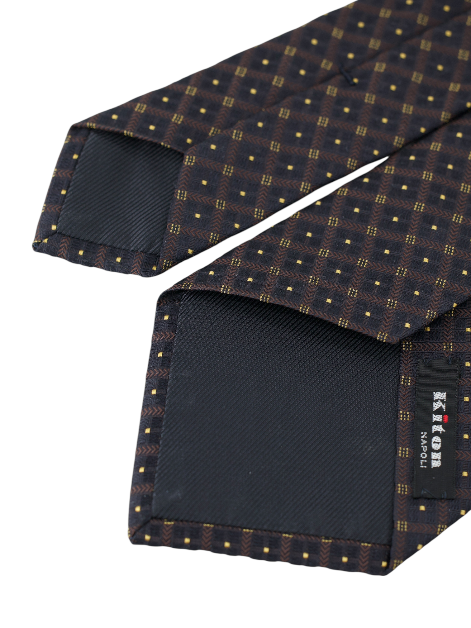 Kiton 5-Fold Deep Dark Brown & Yellow Square Pattern Tie