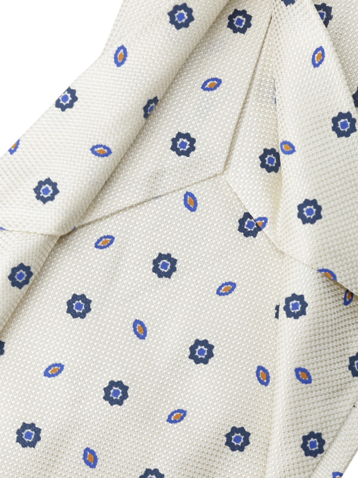 Kiton 5-Fold Crème & Navy Silk Vintage-Pattern Self-Tipped Tie