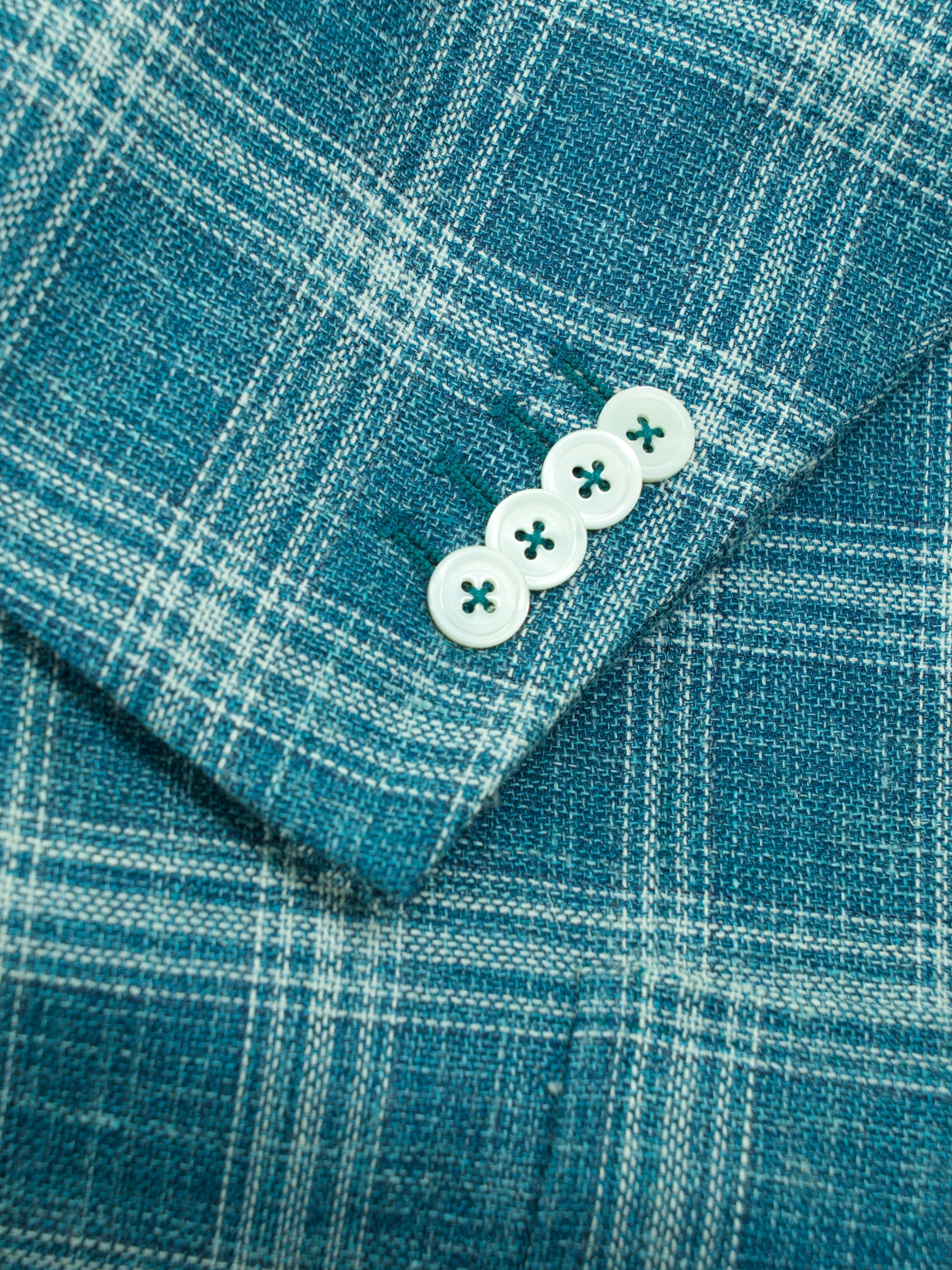 Isaia Turquoise Wool, Silk & Linen "Summer Hopsack" Windowpane Jacket